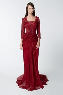 Lace Sleeve Draped Chiffon Gown
