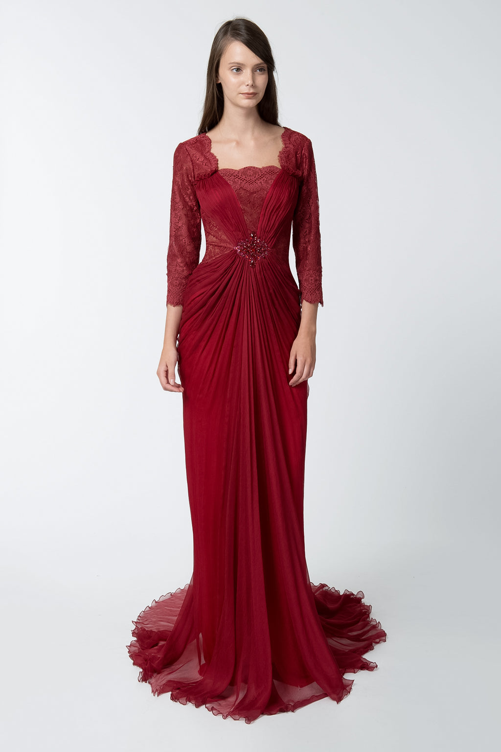Lace Sleeve Draped Chiffon Gown