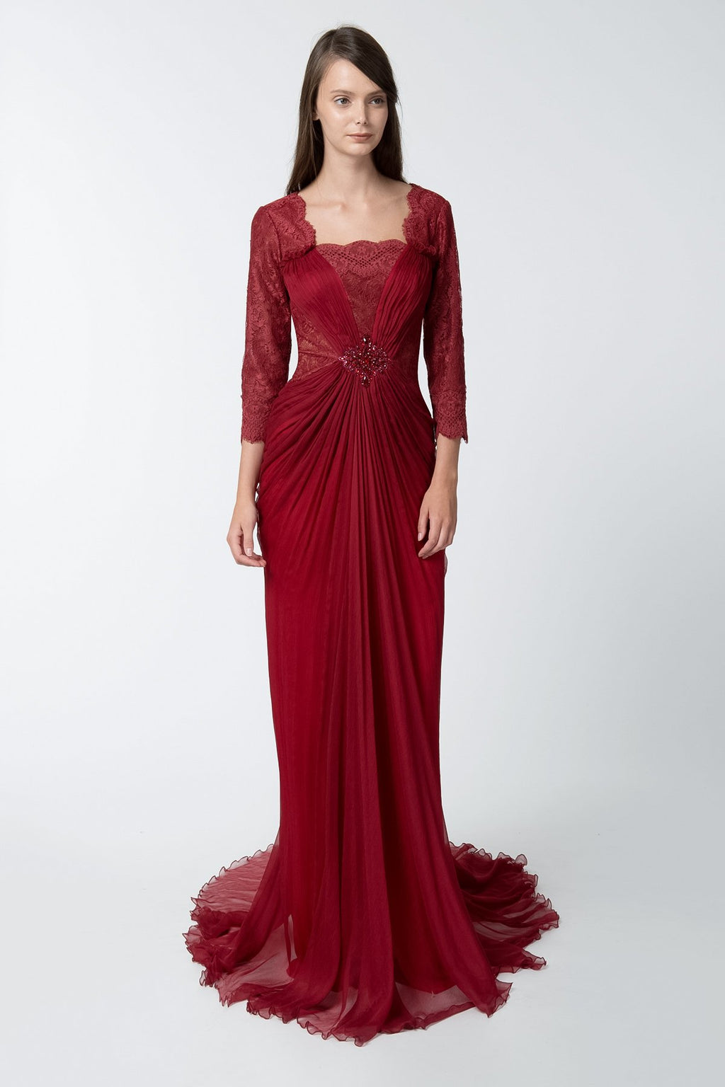 Lace Sleeve Draped Chiffon Gown