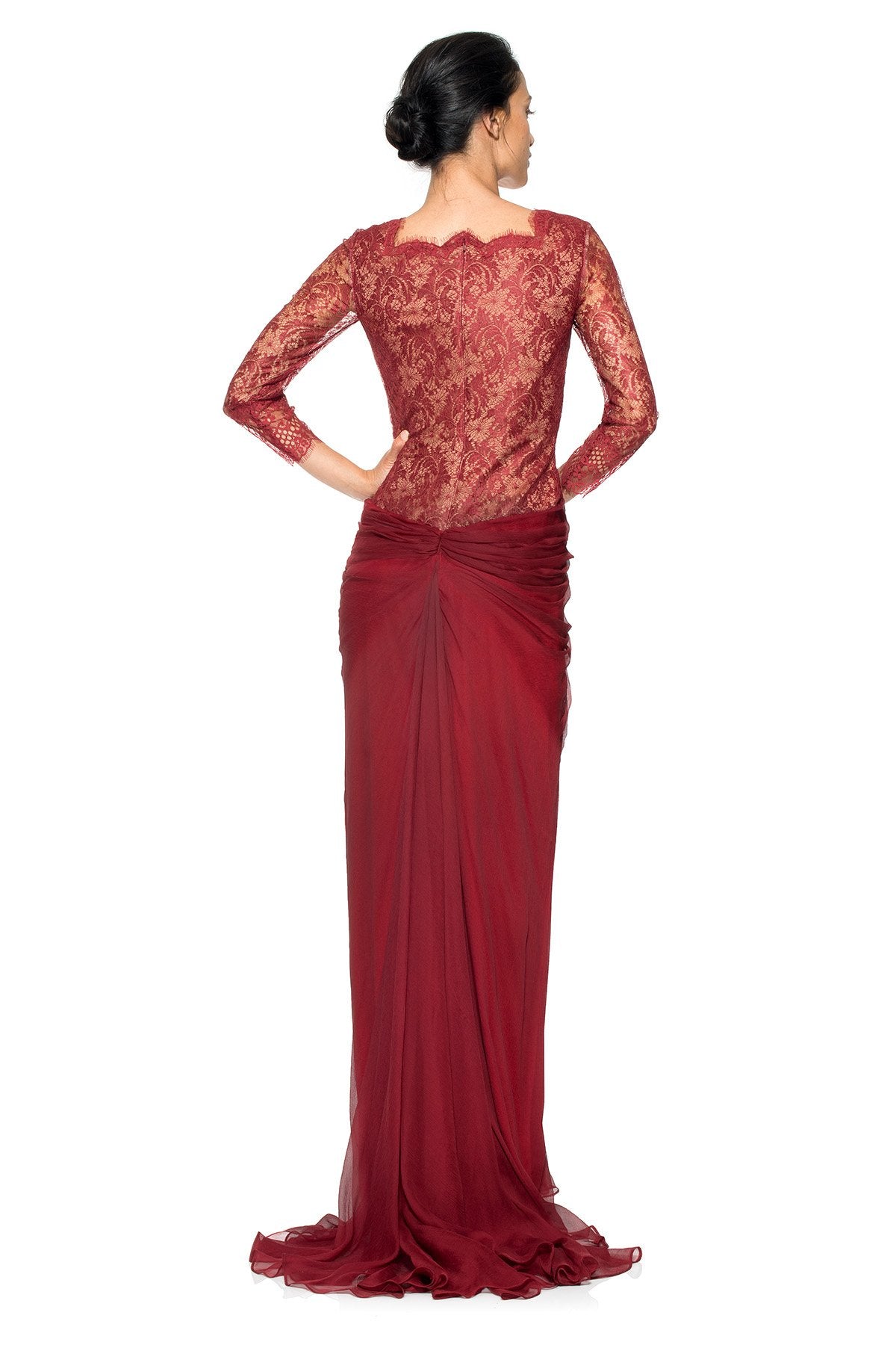 Lace Sleeve Draped Chiffon Gown