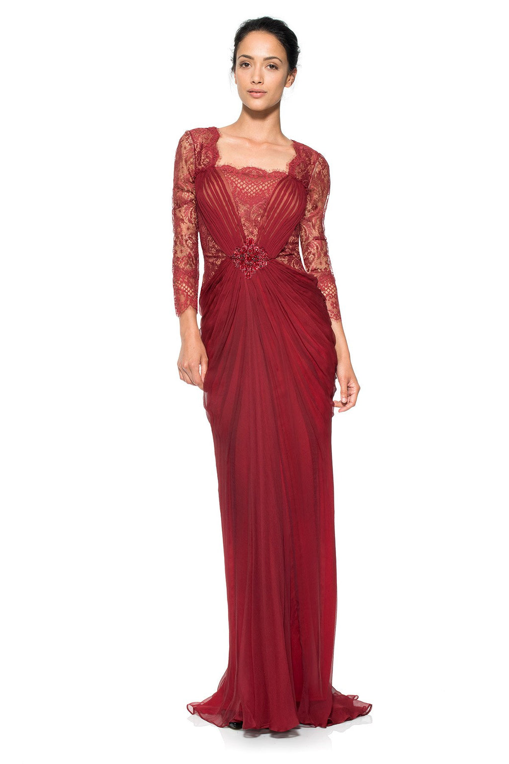 Lace Sleeve Draped Chiffon Gown