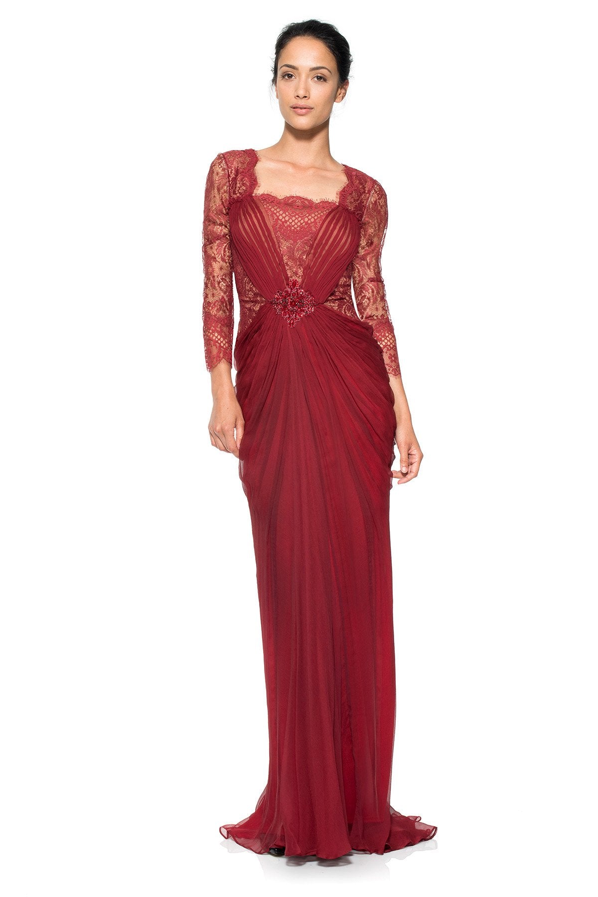 Lace Sleeve Draped Chiffon Gown