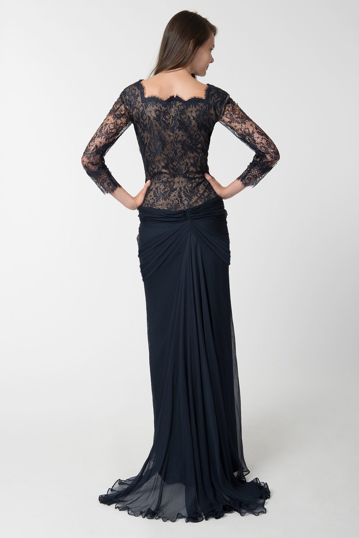 Pleated Chiffon and Lace Sleeve Gown in Navy / Nude