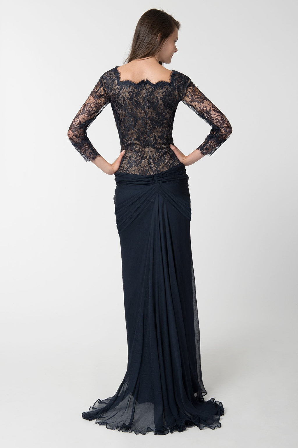 Pleated Chiffon and Lace Sleeve Gown in Navy / Nude