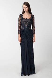 Pleated Chiffon and Lace Sleeve Gown in Navy / Nude