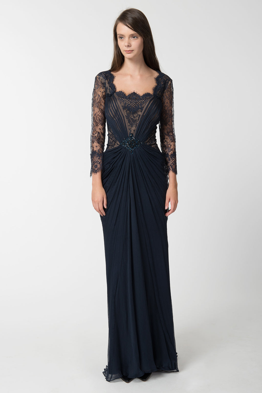 Pleated Chiffon and Lace Sleeve Gown in Navy / Nude