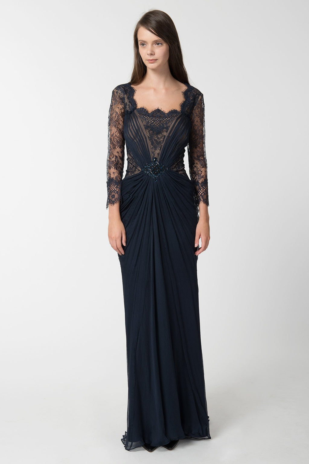 Pleated Chiffon and Lace Sleeve Gown in Navy / Nude
