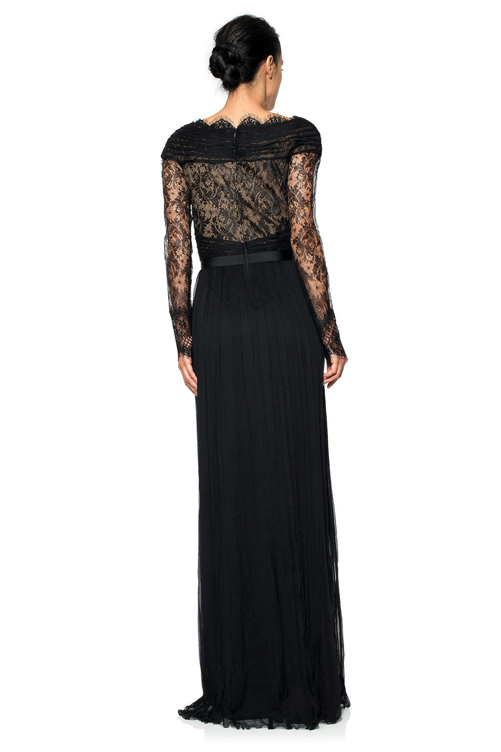 Pleated Chiffon and Lace Sleeve Gown in Black / Nude
