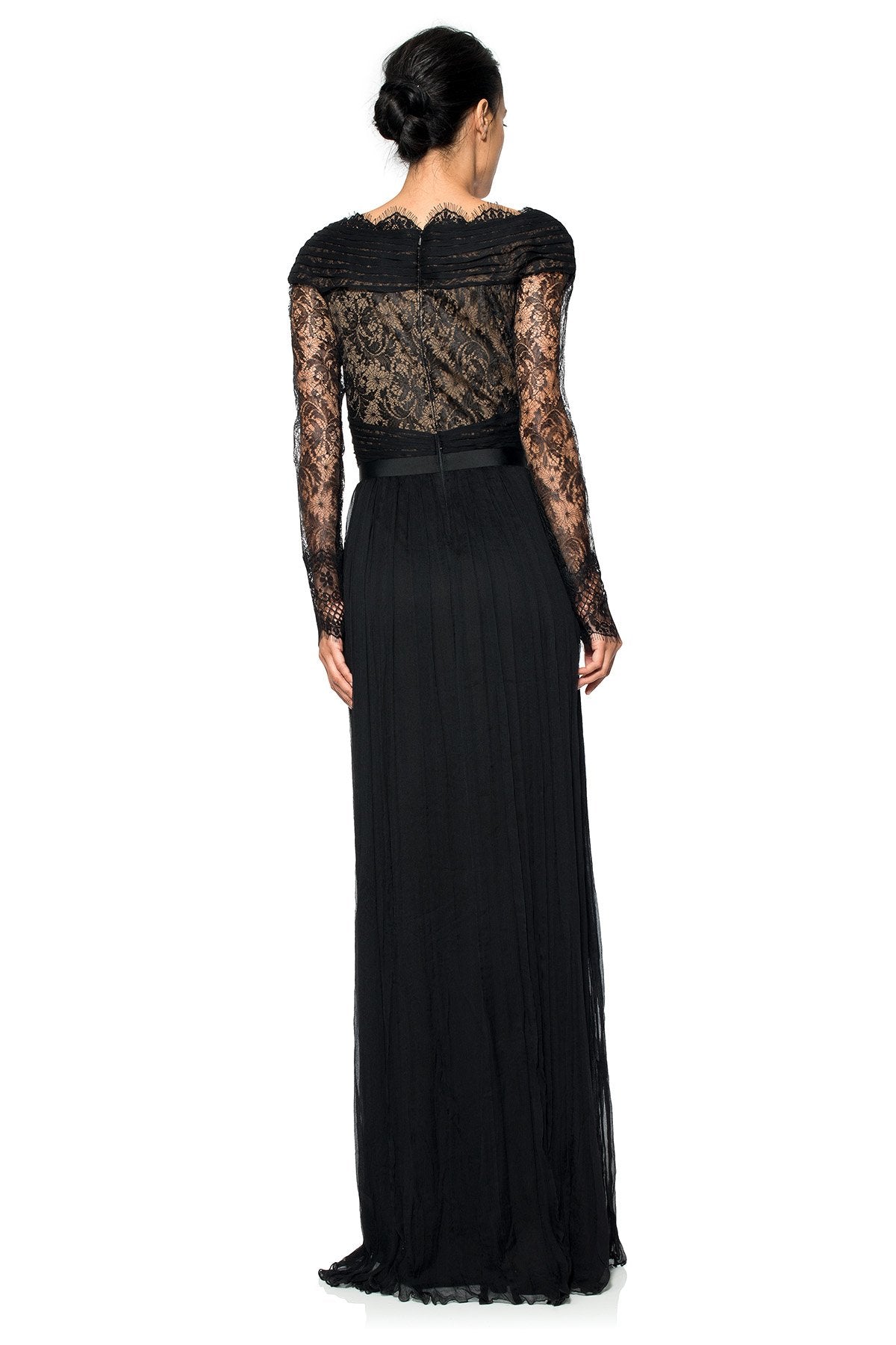 Pleated Chiffon and Lace Sleeve Gown in Black / Nude