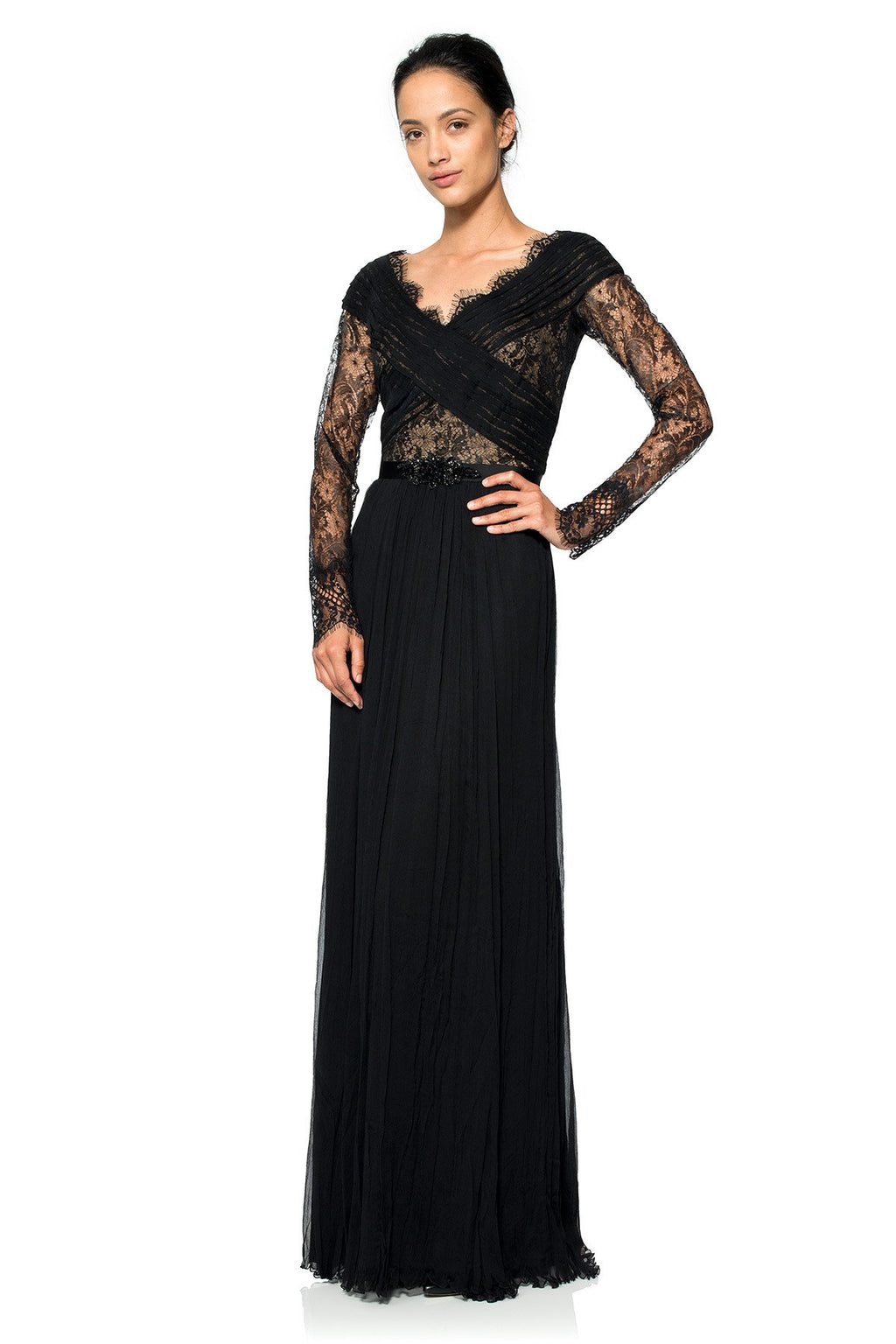 Pleated Chiffon and Lace Sleeve Gown in Black / Nude