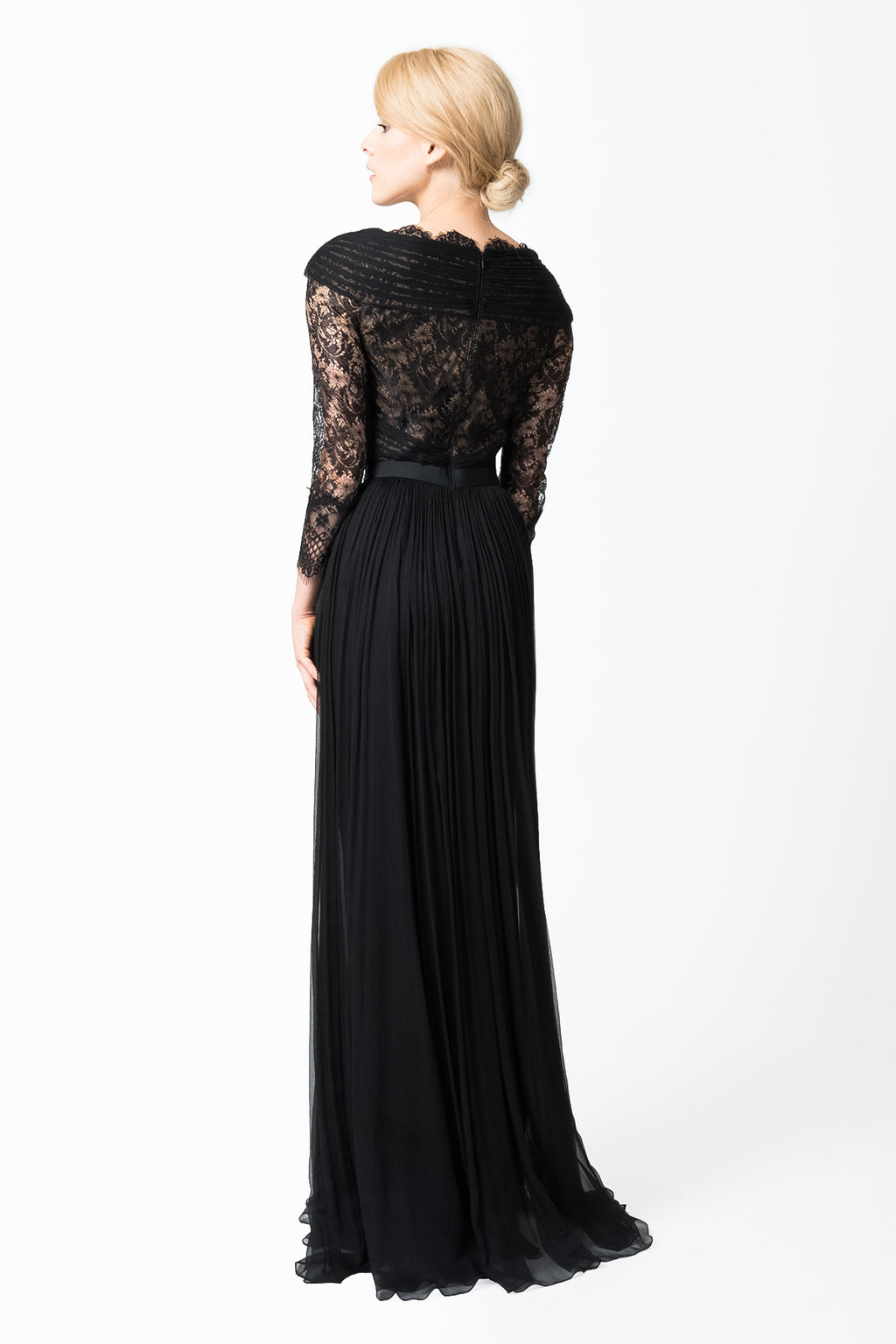 Pleated Chiffon and Lace Sleeve Gown in Black / Nude
