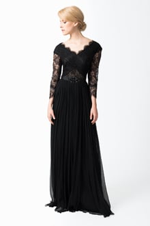 Pleated Chiffon and Lace Sleeve Gown in Black / Nude