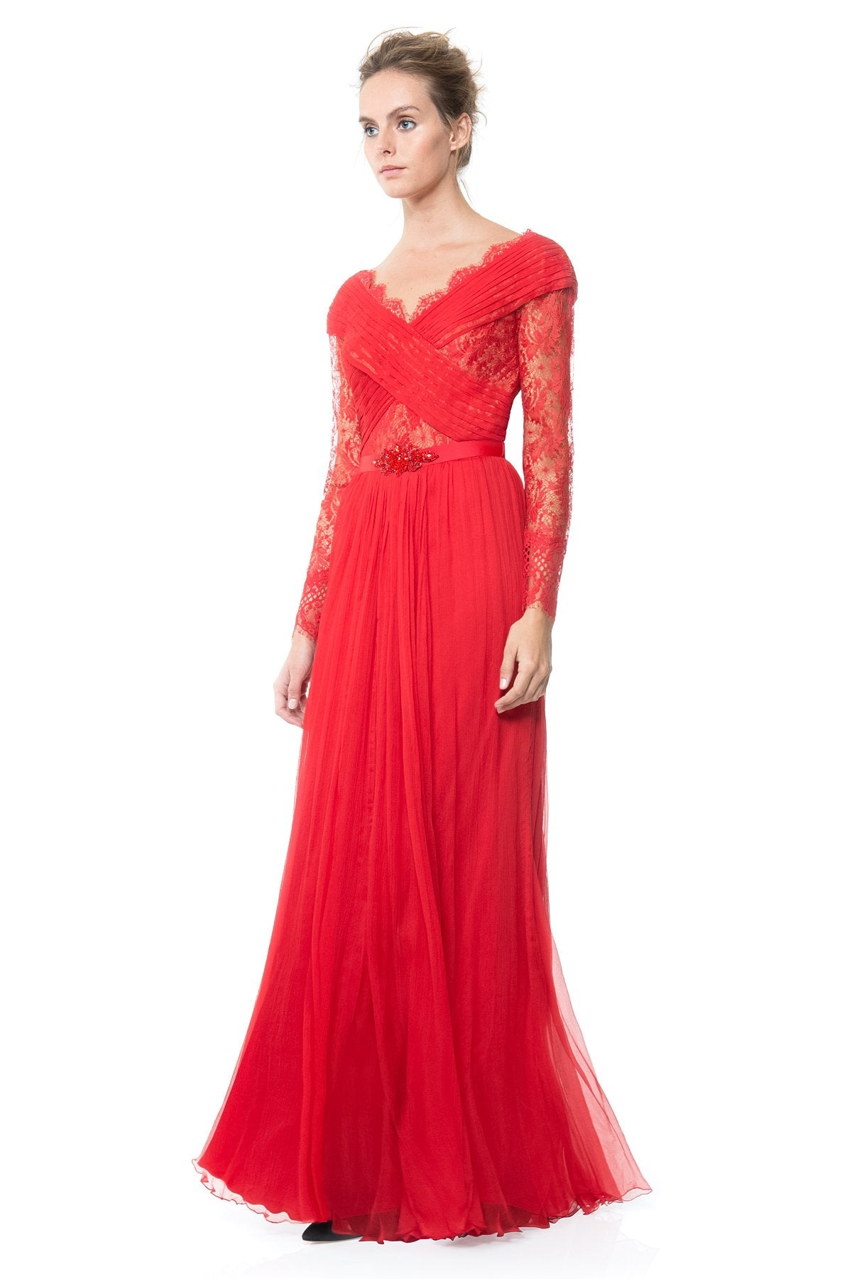 Pleated Chiffon and Lace Gown