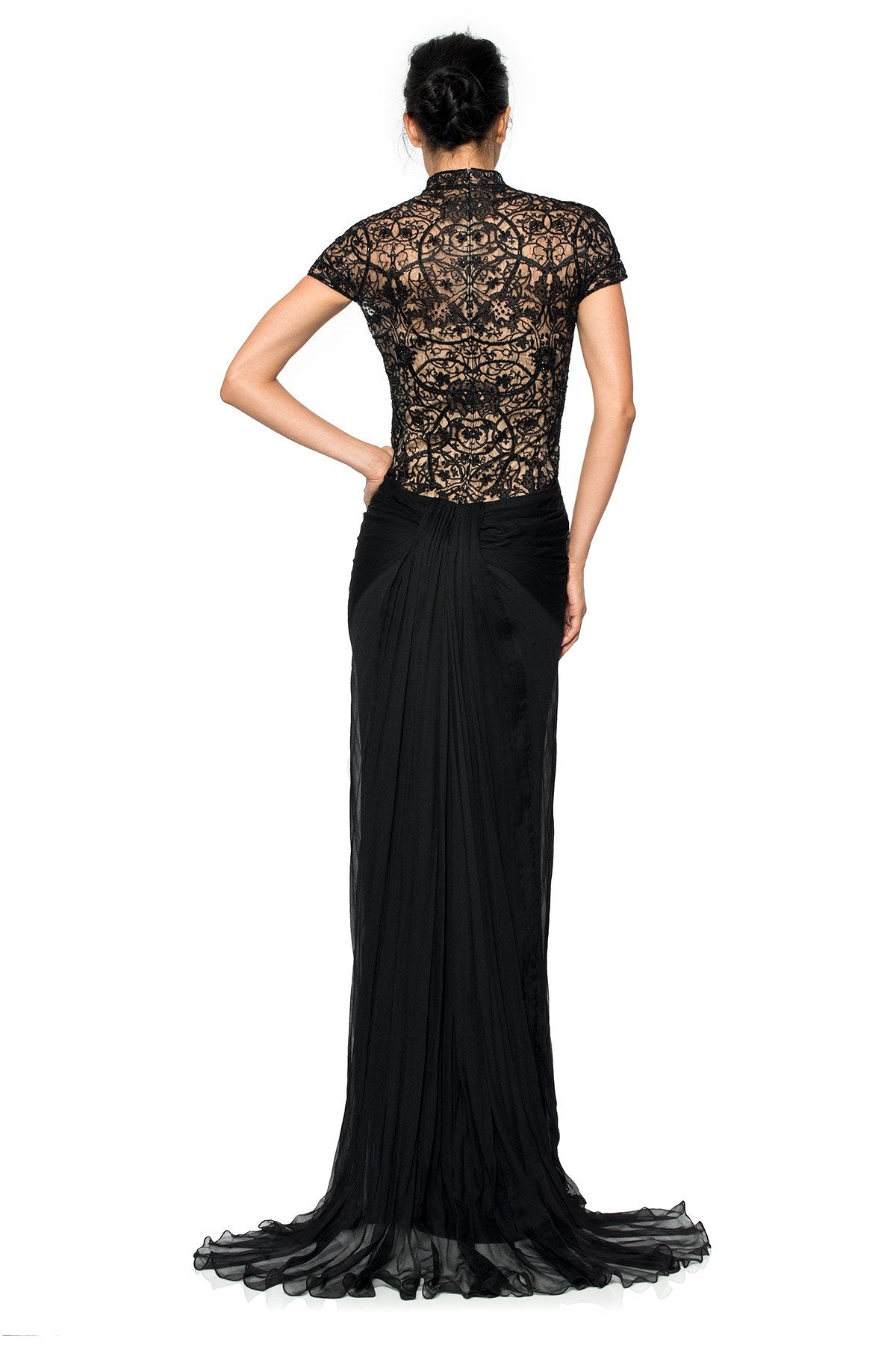 Chiffon Cap Sleeve Gown with Beaded Lace Cut Outs