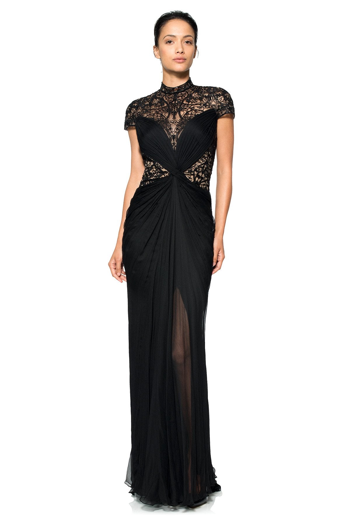 Chiffon Cap Sleeve Gown with Beaded Lace Cut Outs