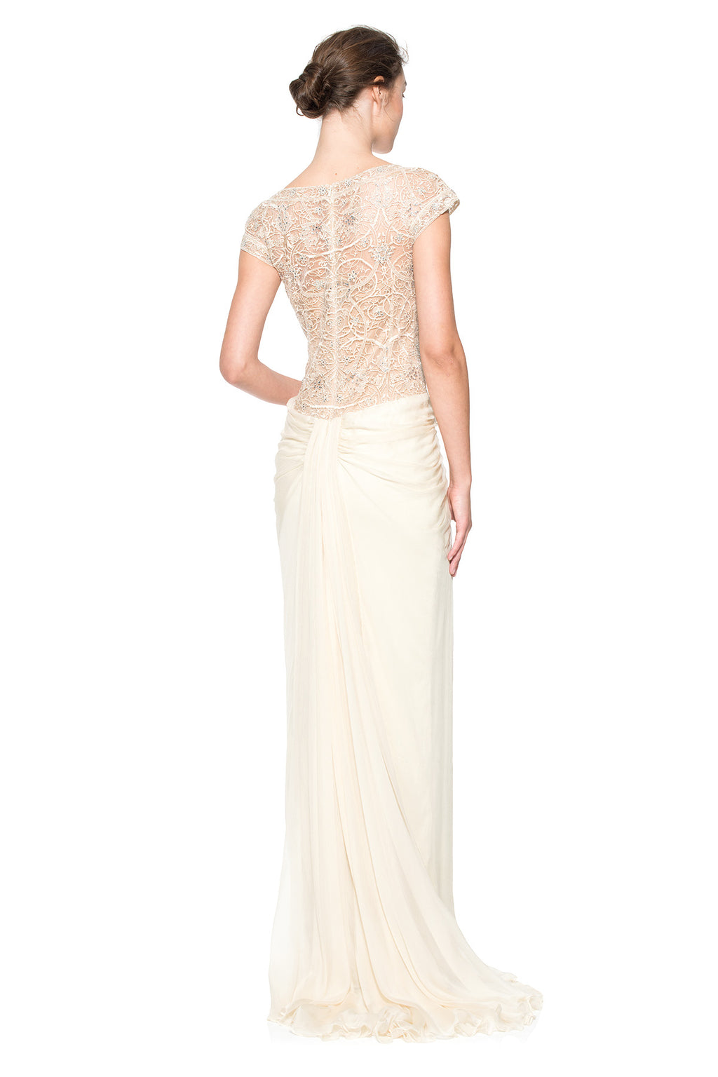 Chiffon Cap Sleeve Gown with Beaded Lace Cut Outs