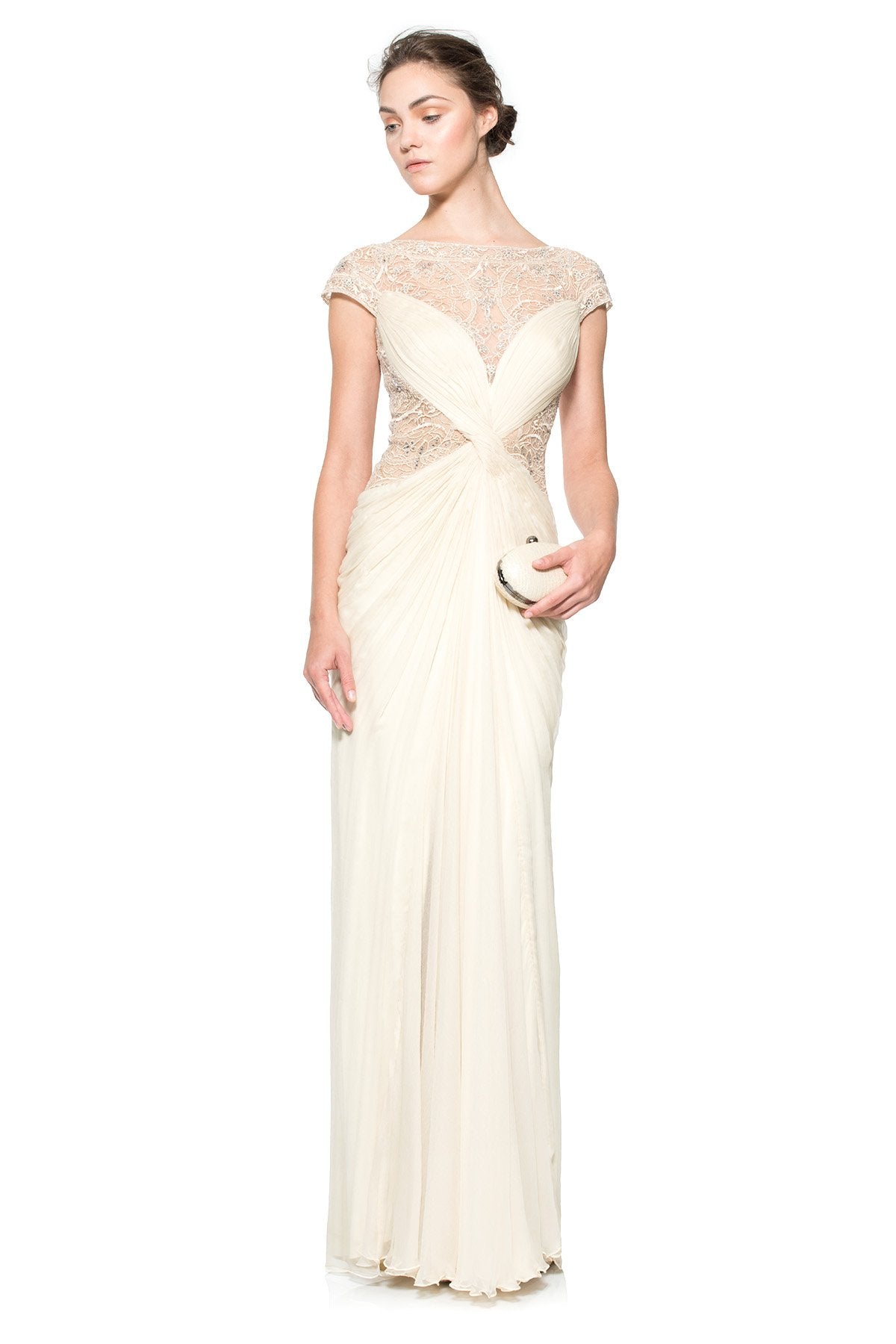 Chiffon Cap Sleeve Gown with Beaded Lace Cut Outs