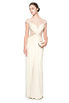 Chiffon Cap Sleeve Gown with Beaded Lace Cut Outs