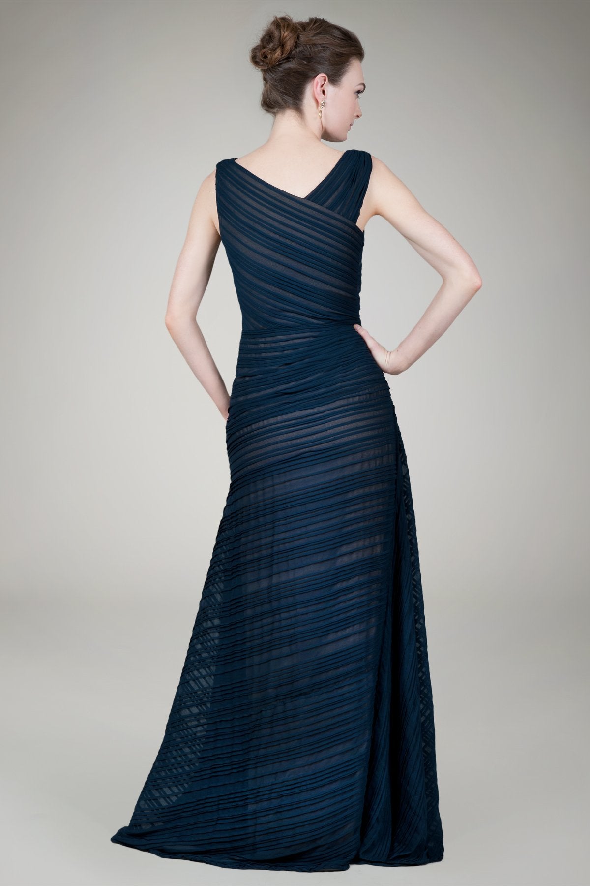 Pleated Chiffon Gown in Navy / Nude