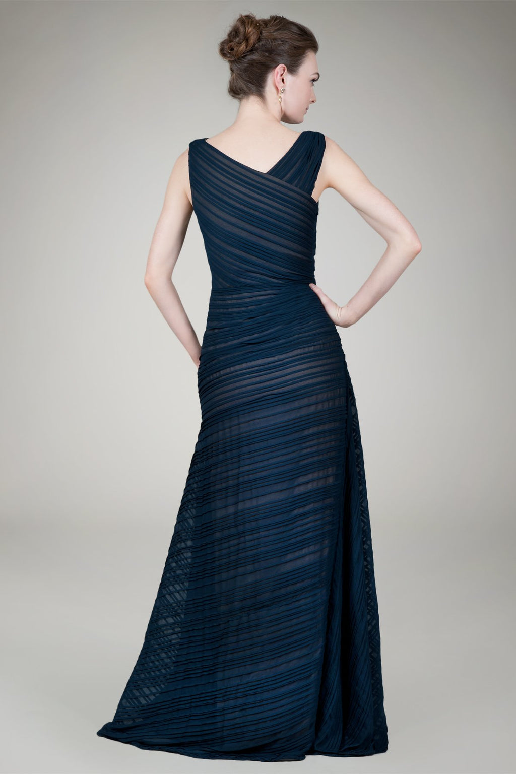 Pleated Chiffon Gown in Navy / Nude