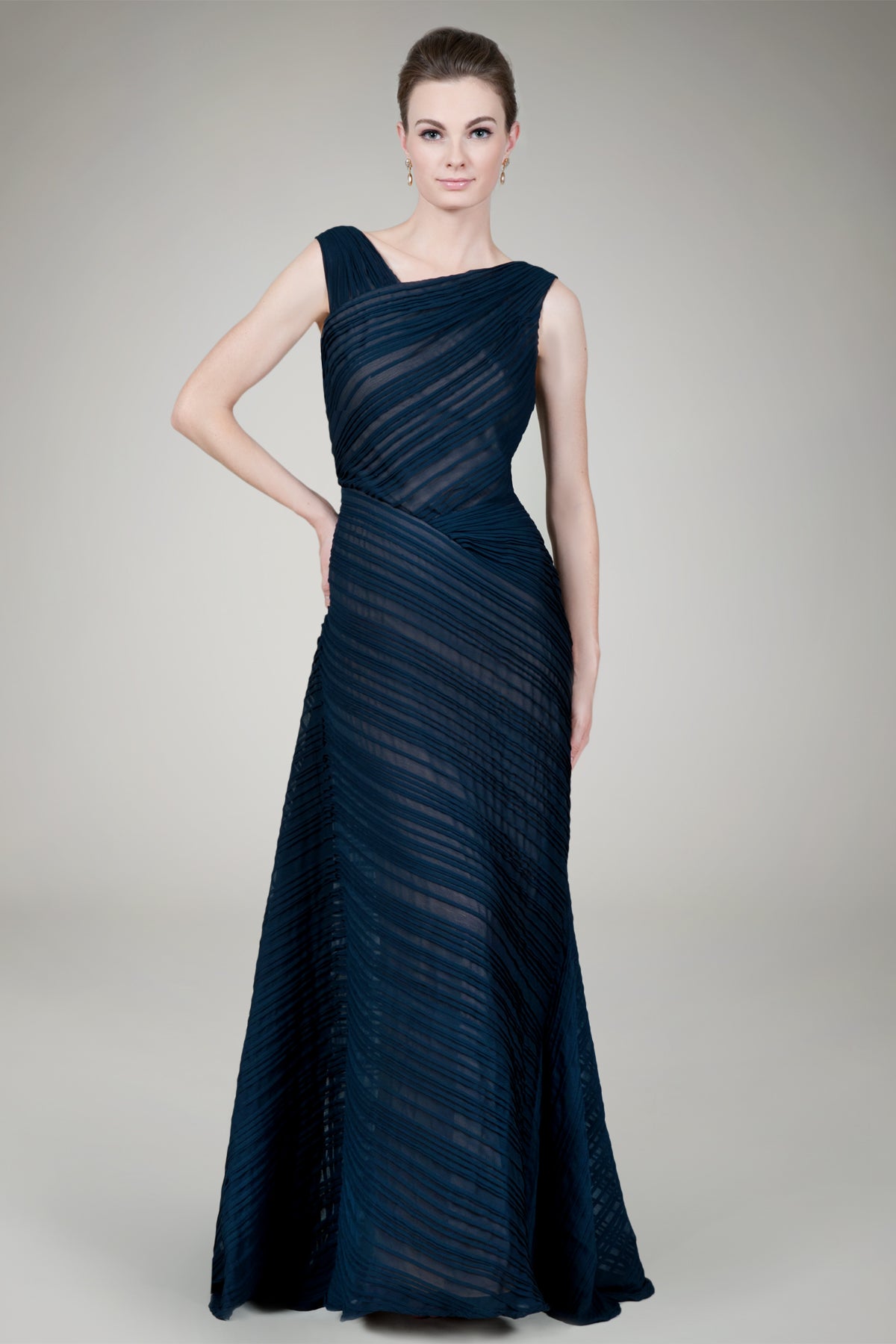 Pleated Chiffon Gown in Navy / Nude