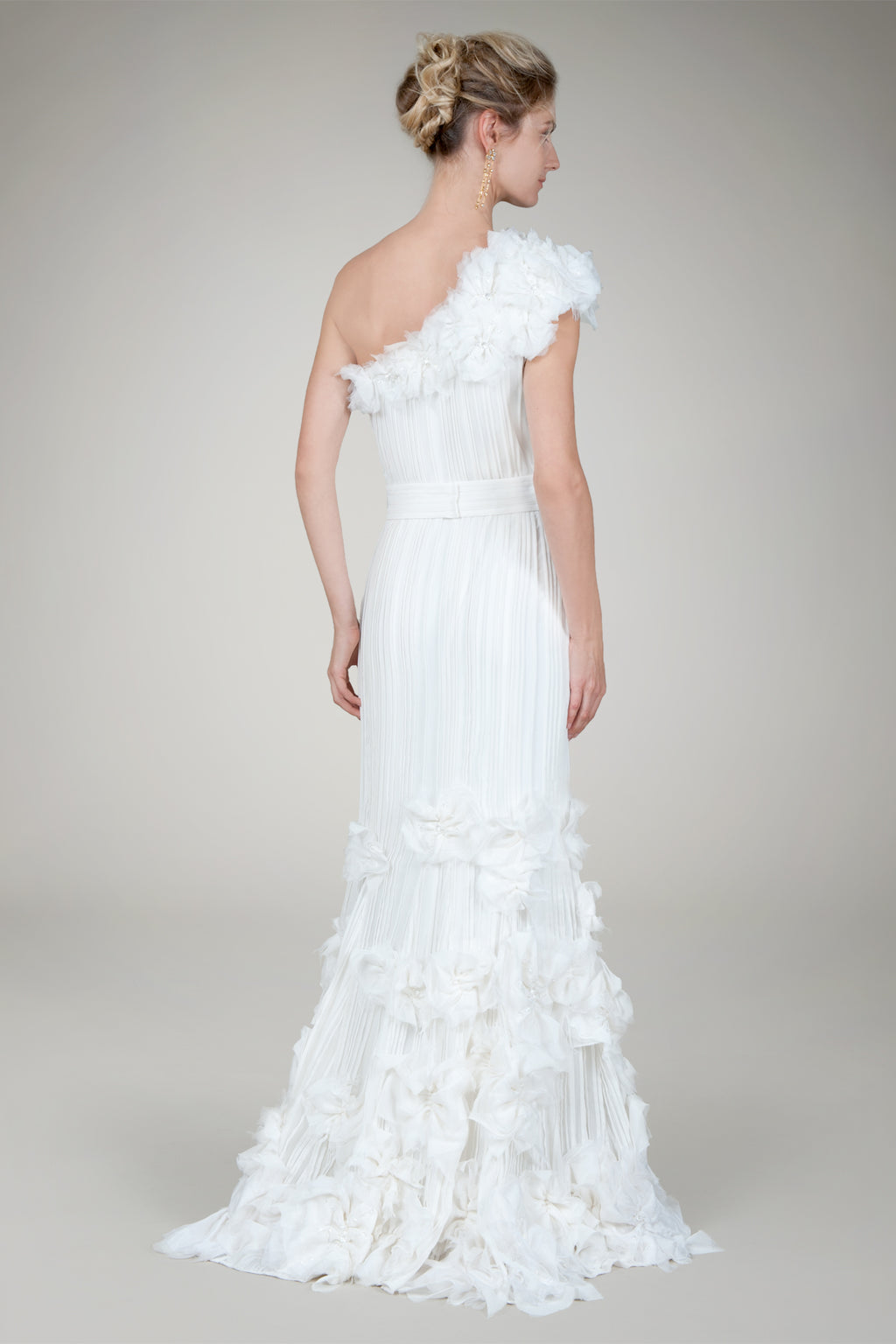 Hand Cut Flower One Shoulder Gown in Ivory
