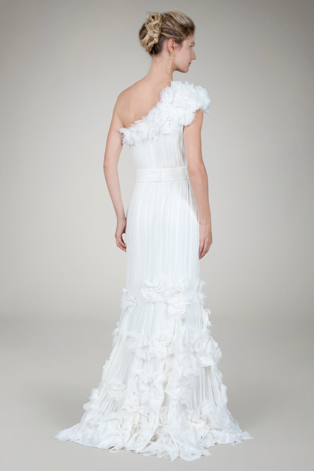 Hand Cut Flower One Shoulder Gown in Ivory