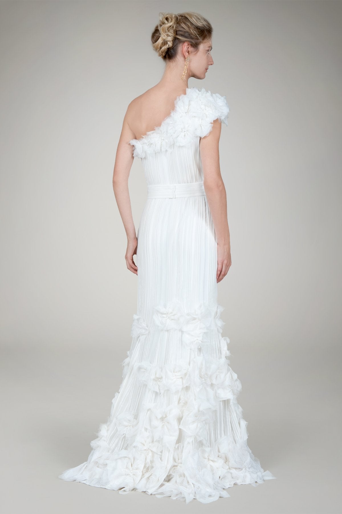 Hand Cut Flower One Shoulder Gown in Ivory