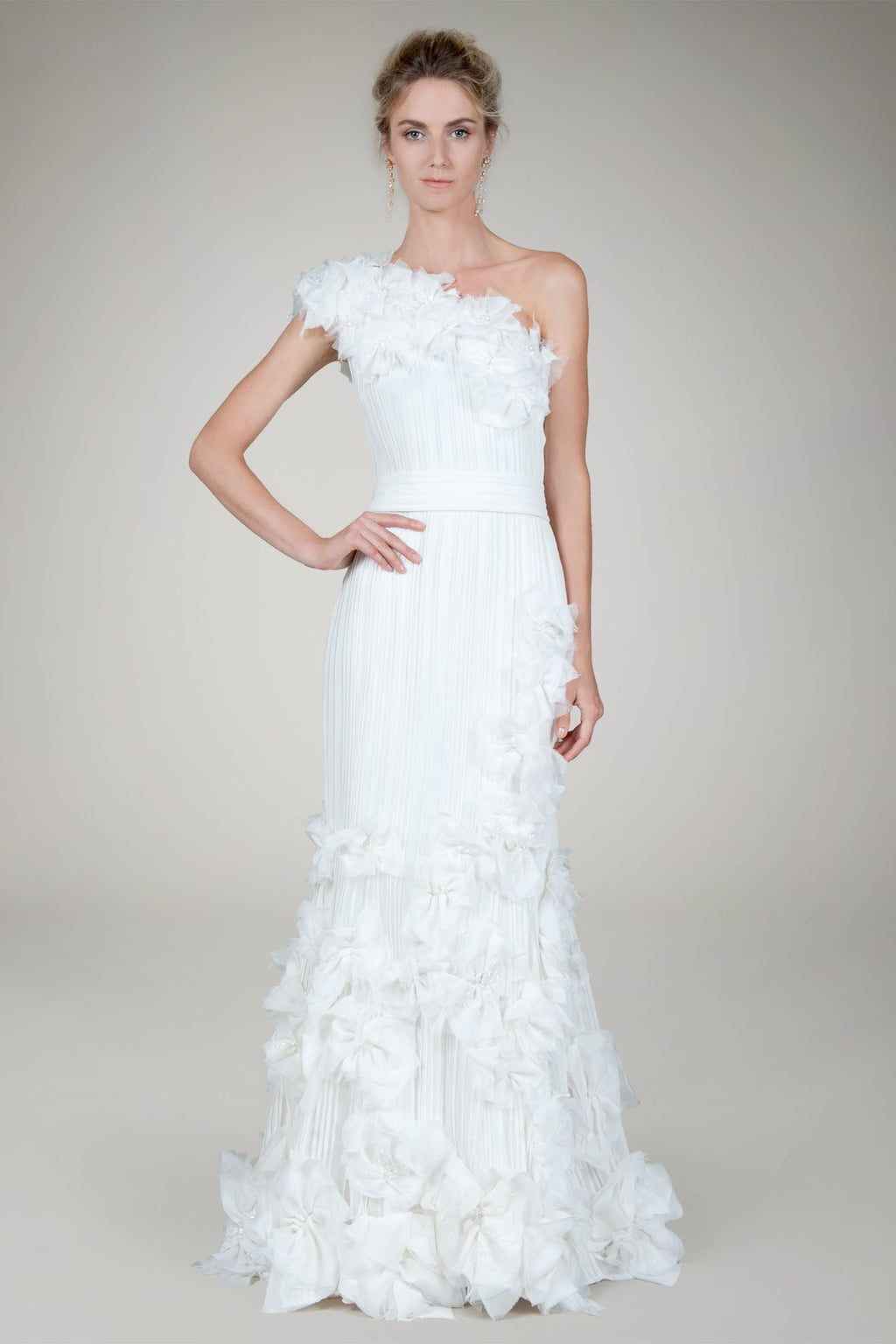 Hand Cut Flower One Shoulder Gown in Ivory