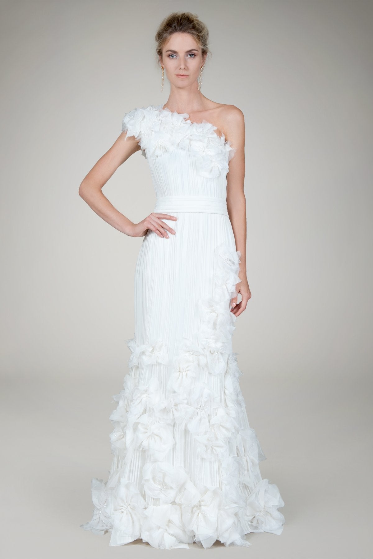 Hand Cut Flower One Shoulder Gown in Ivory