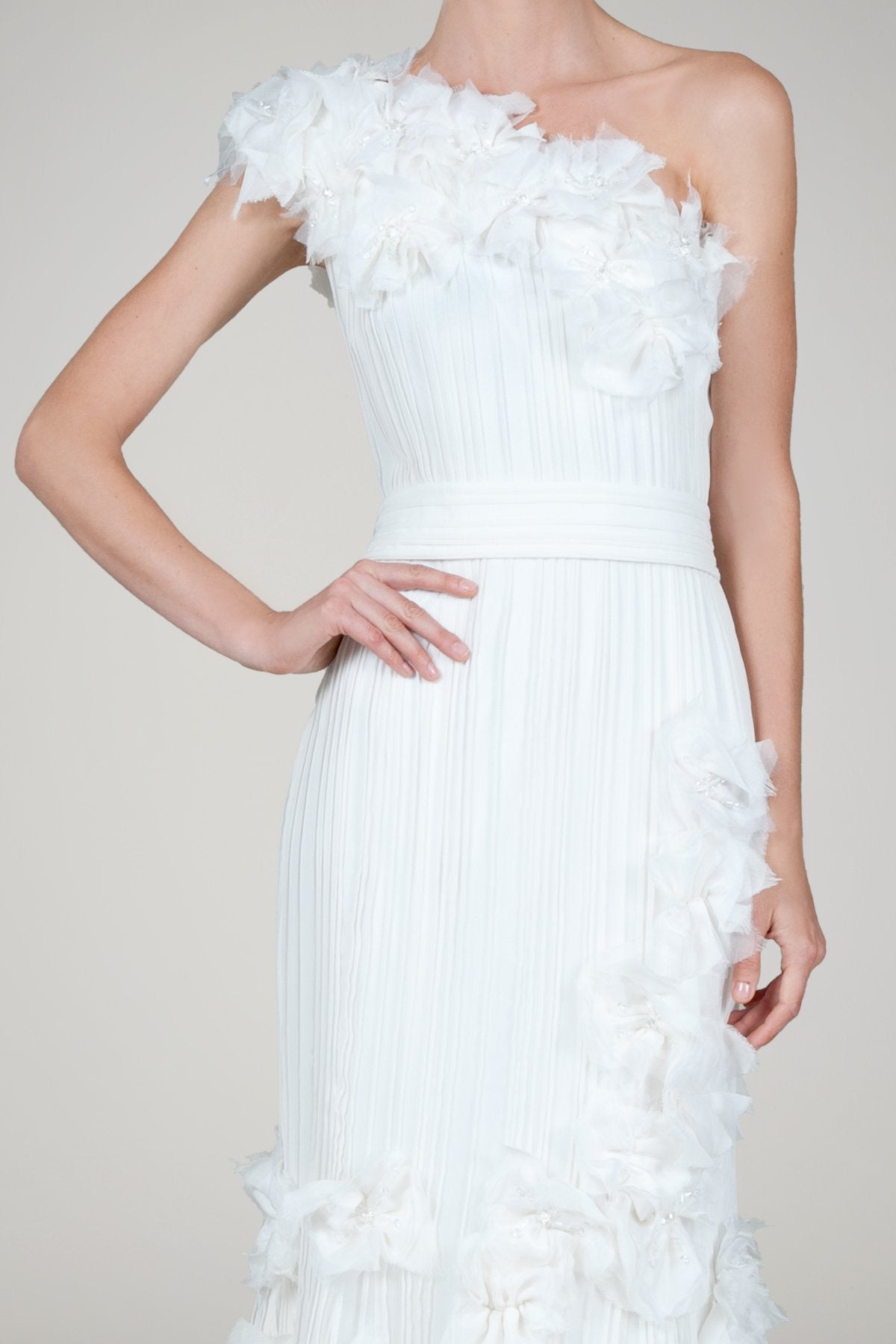 Hand Cut Flower One Shoulder Gown in Ivory