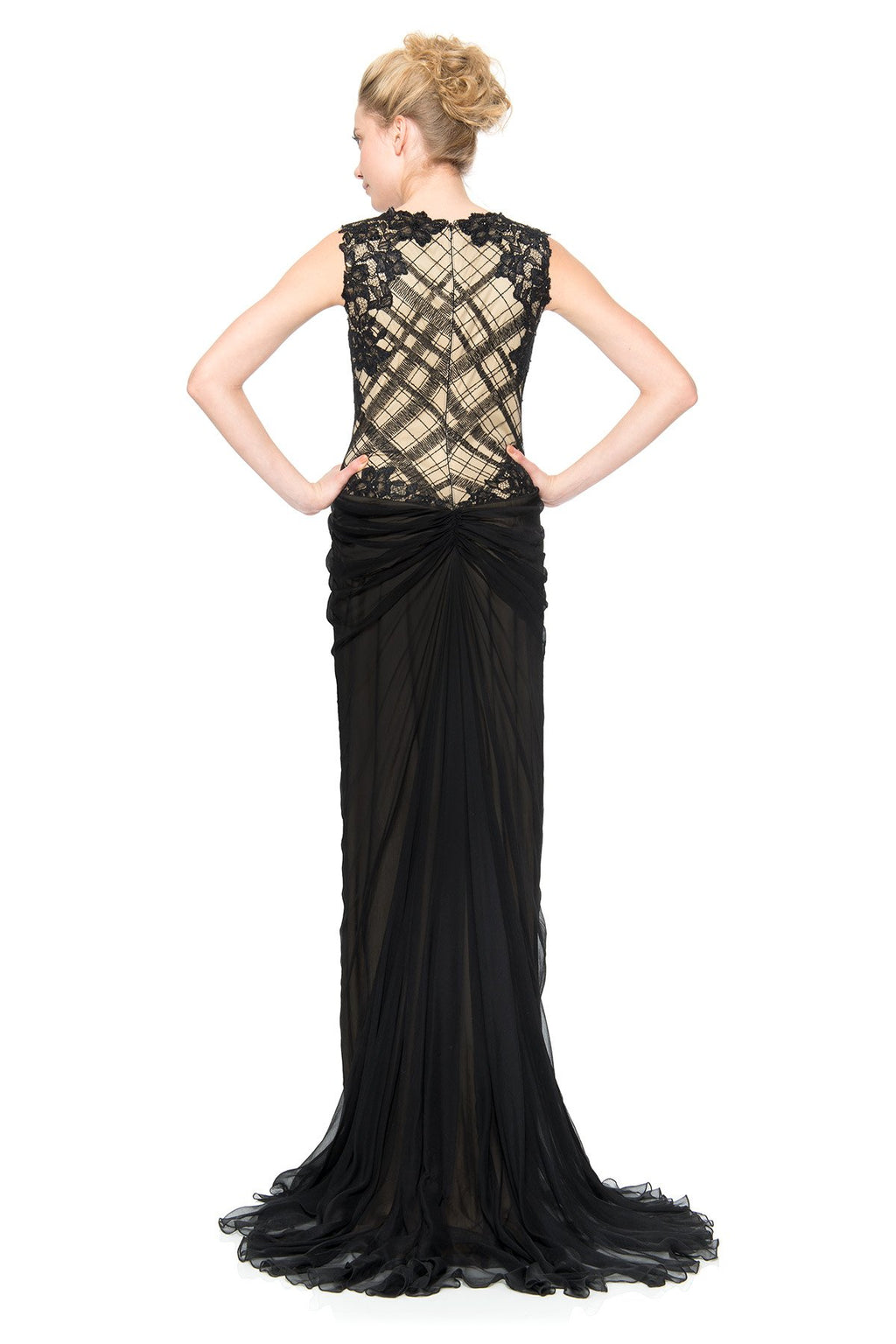 Chiffon Draped Gown with Paillette Embroidered Lace Insets