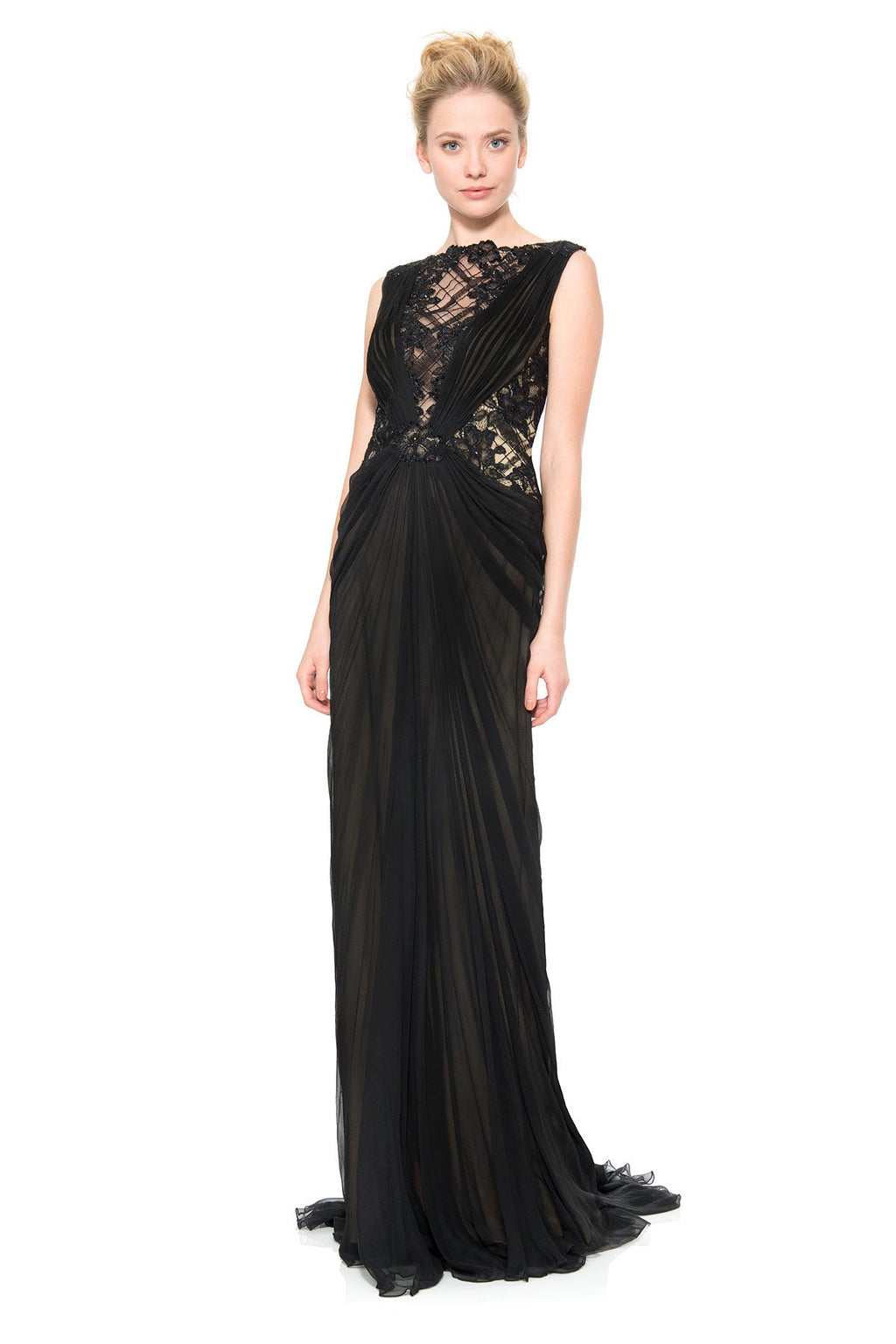 Chiffon Draped Gown with Paillette Embroidered Lace Insets