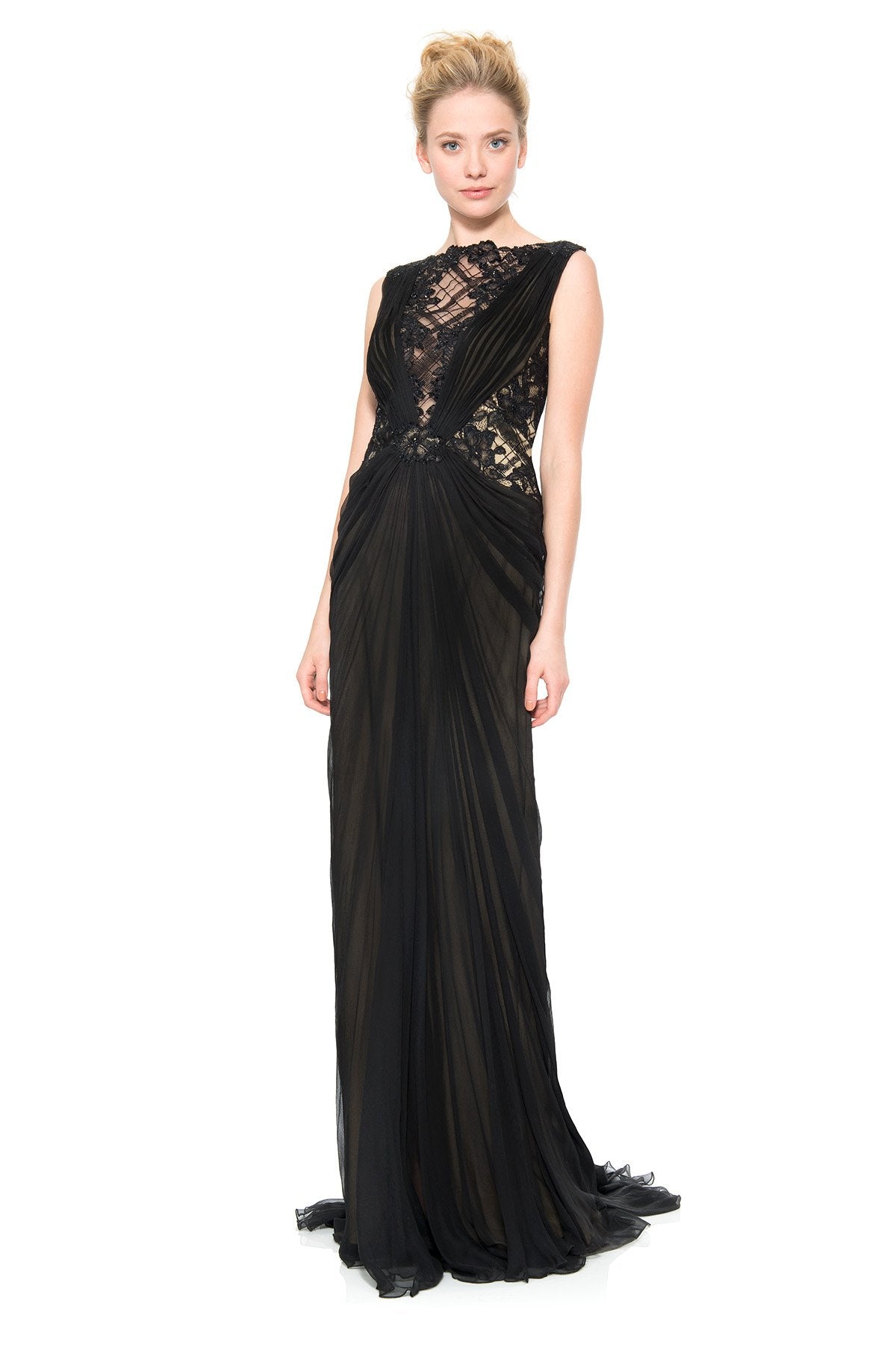 Chiffon Draped Gown with Paillette Embroidered Lace Insets