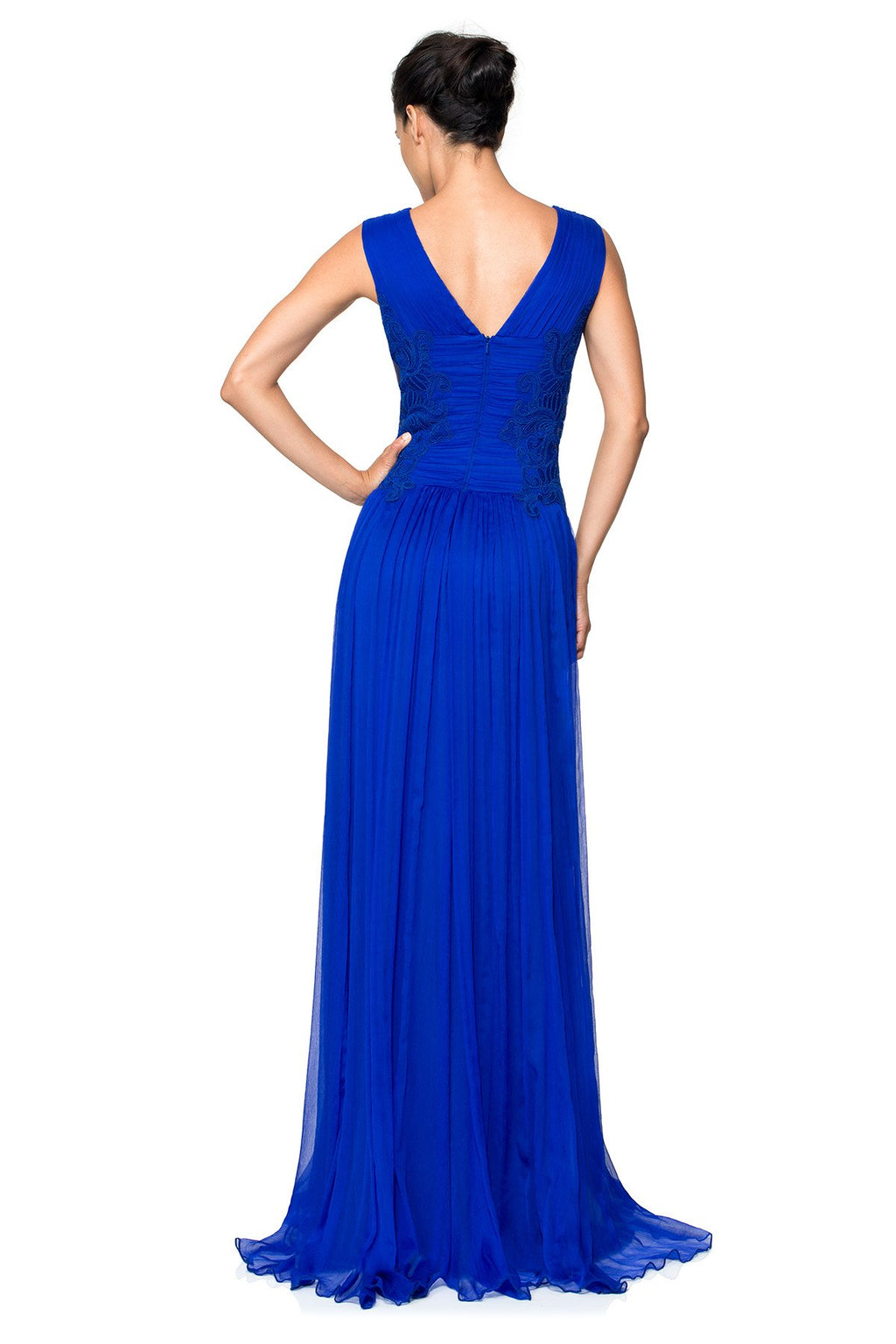 Chiffon Gown with Corded Embroidery on Tulle Insets