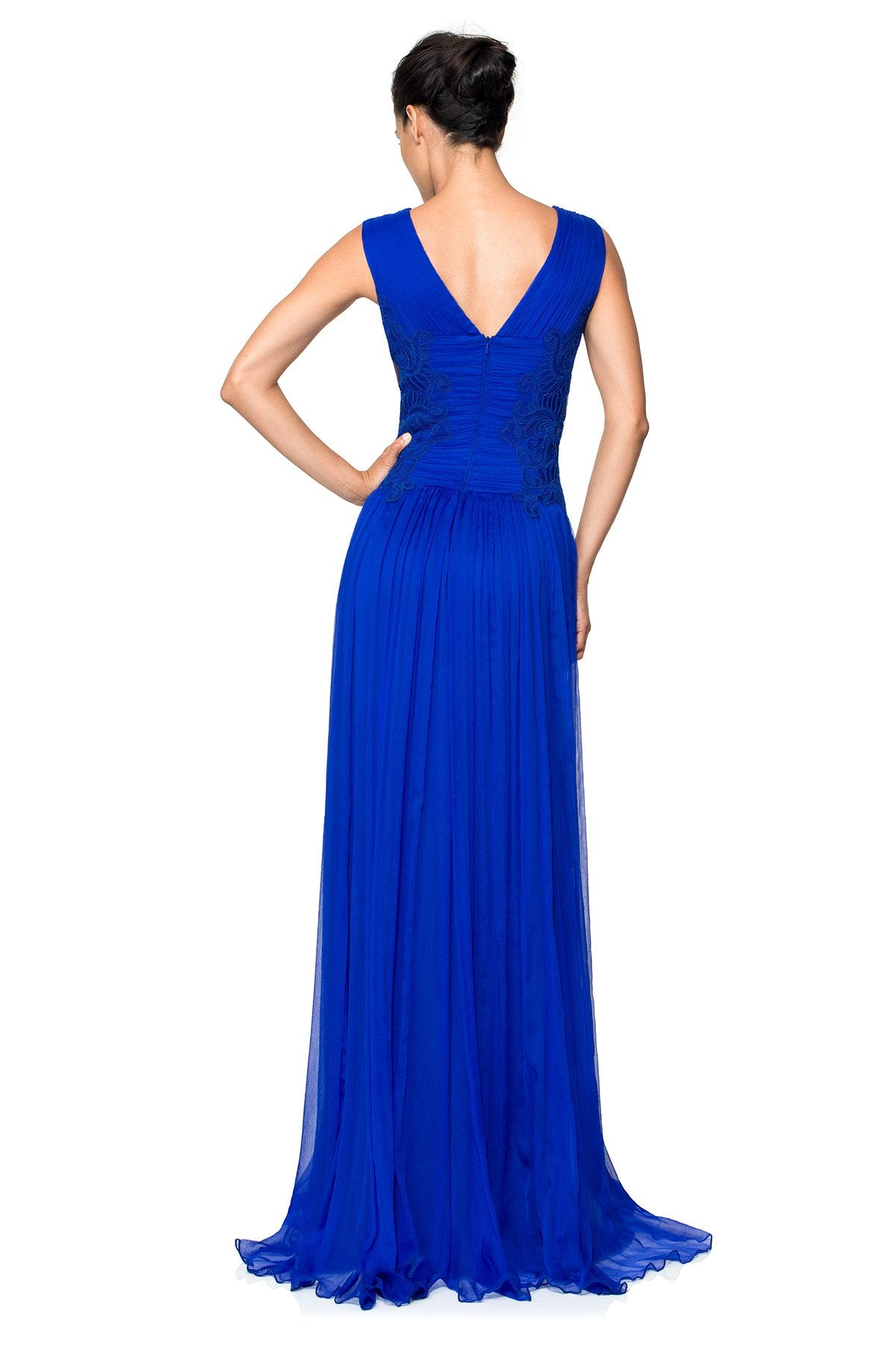 Chiffon Gown with Corded Embroidery on Tulle Insets