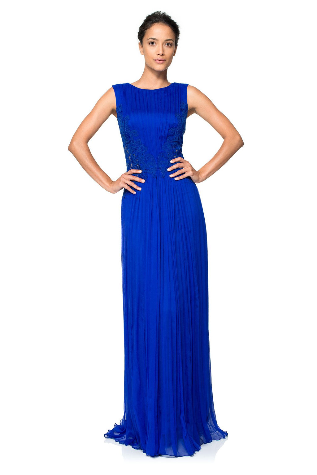 Chiffon Gown with Corded Embroidery on Tulle Insets