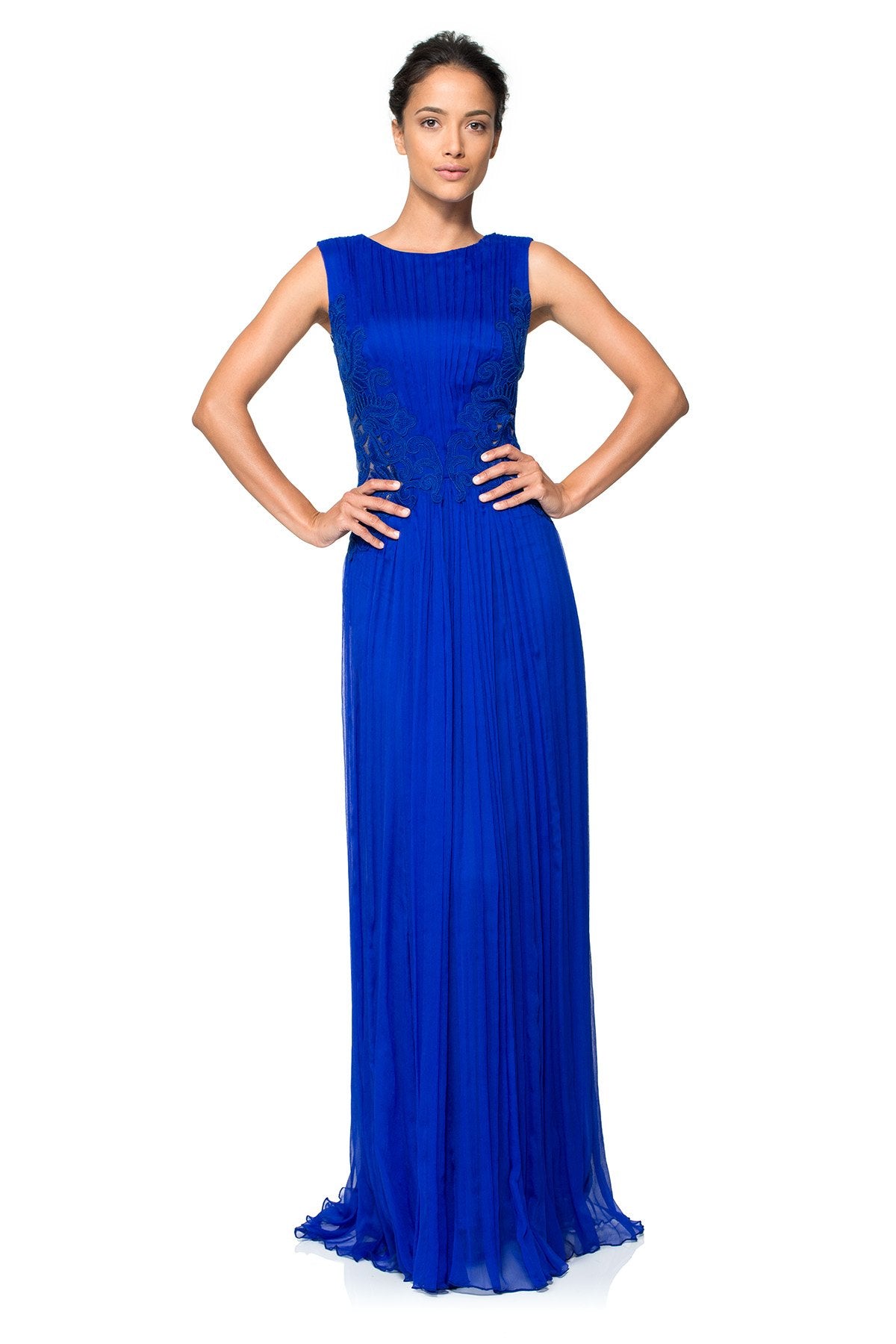 Chiffon Gown with Corded Embroidery on Tulle Insets