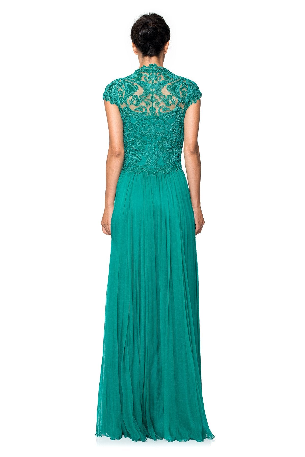 Corded Embroidery on Tulle Bodice Queen Ann Cap Sleeve Gown