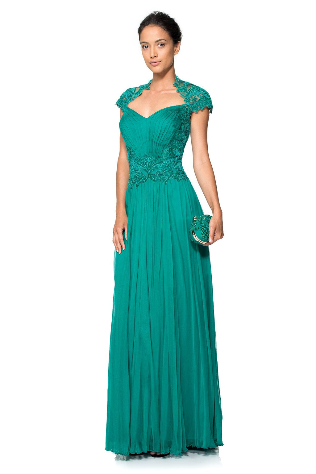 Corded Embroidery on Tulle Bodice Queen Ann Cap Sleeve Gown