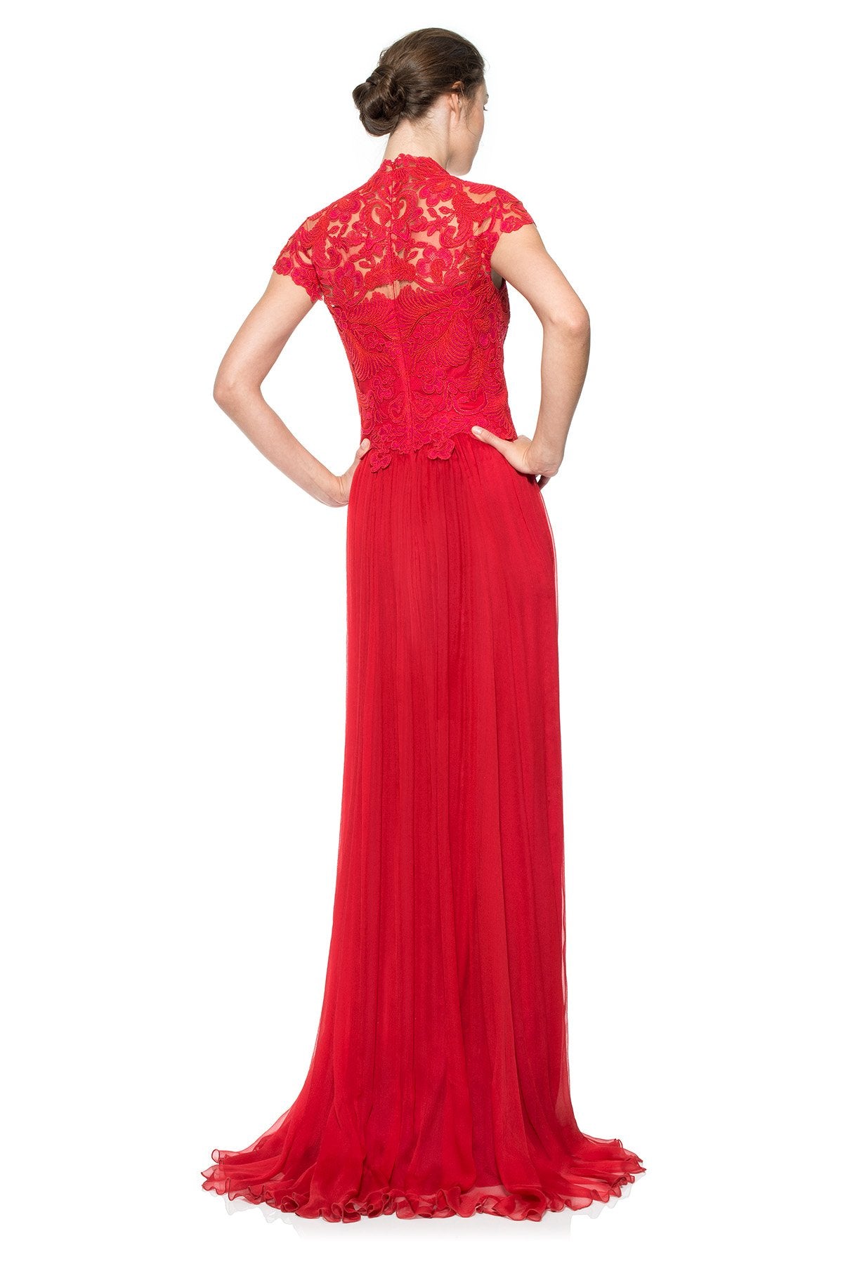 Corded Embroidery on Tulle Bodice Queen Ann Cap Sleeve Gown