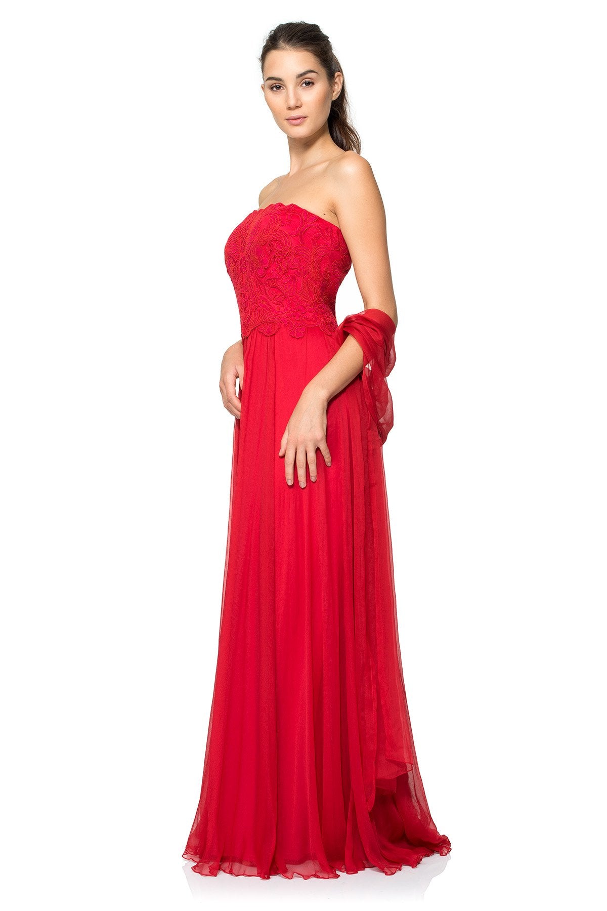 Corded Embroidery and Chiffon Strapless Gown with Stole