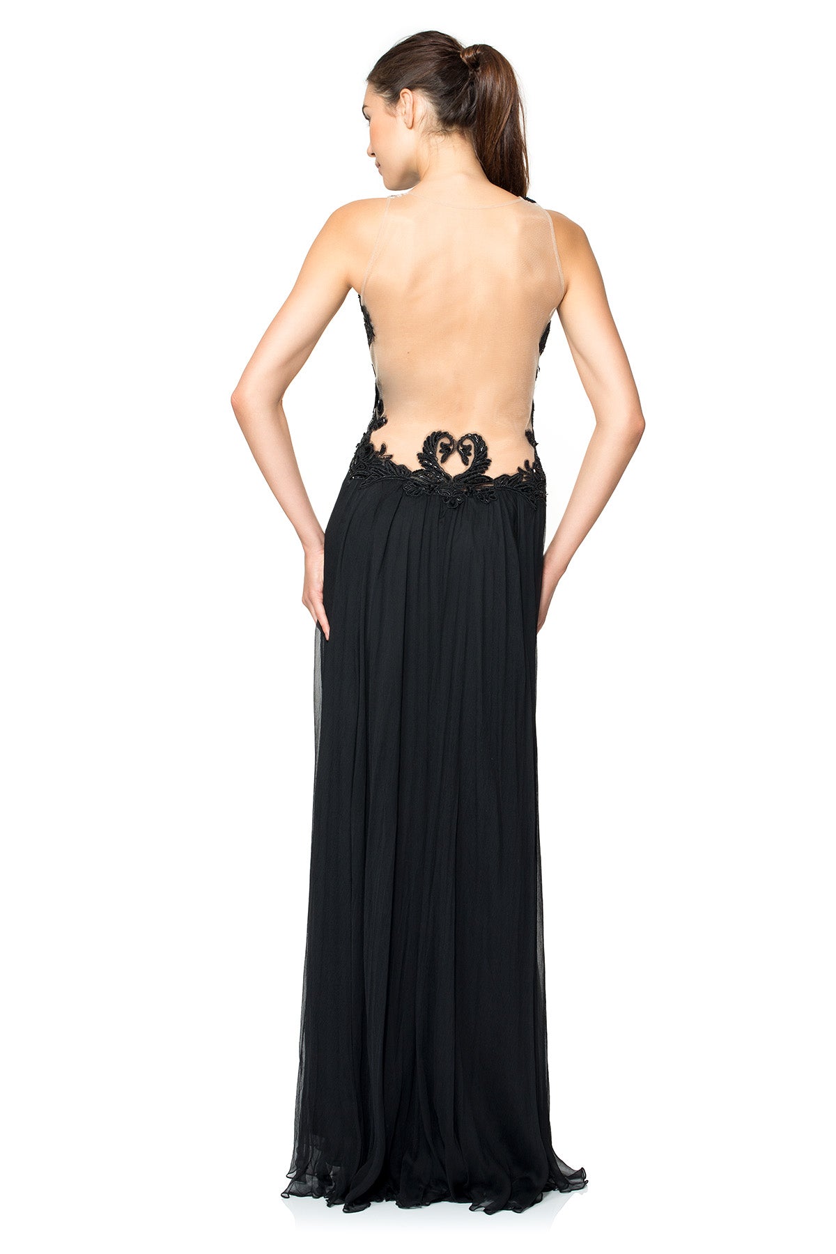 Hand-Beaded Corded Embroidery Open Back Halter Gown