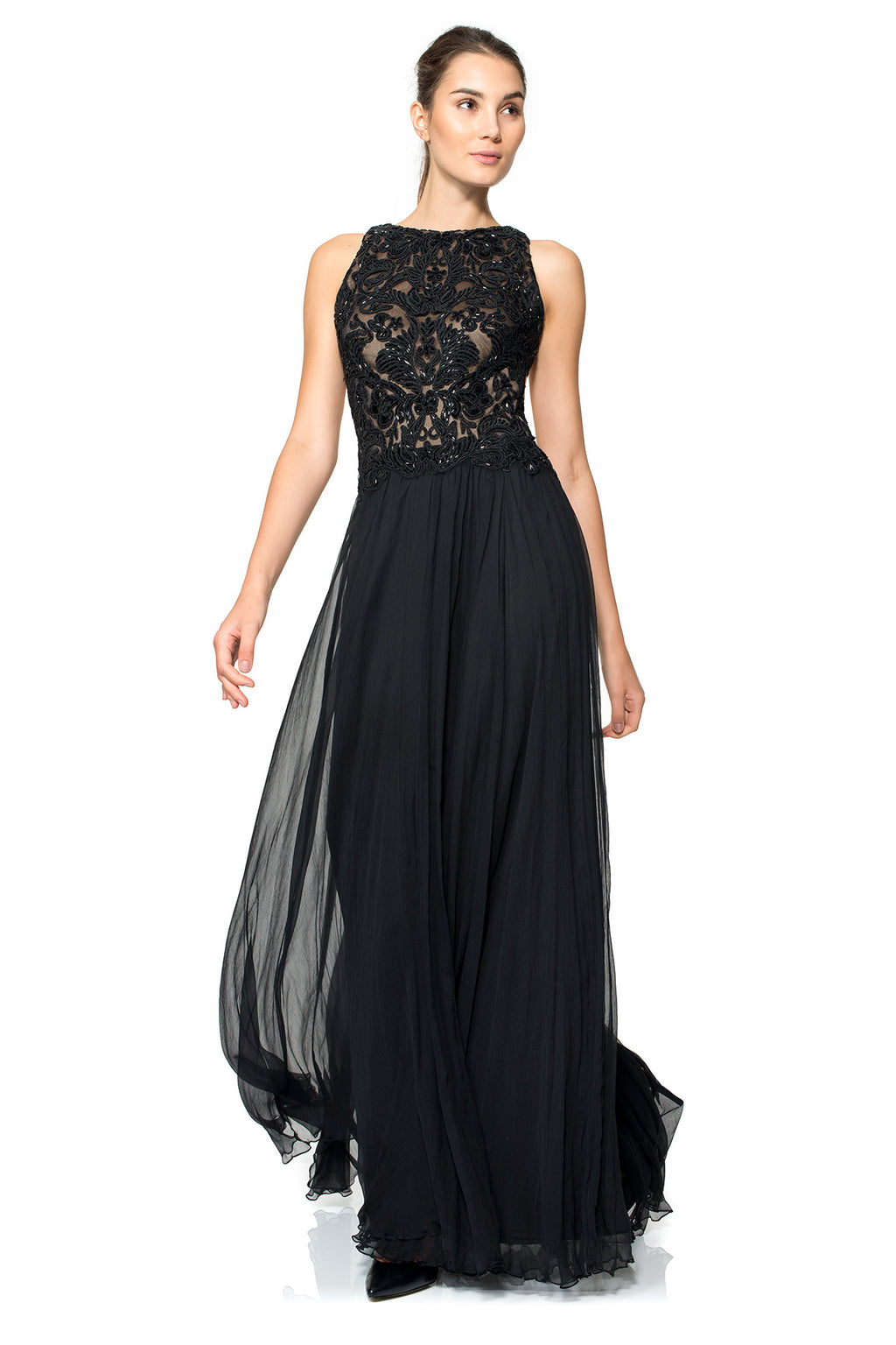 Hand-Beaded Corded Embroidery Open Back Halter Gown