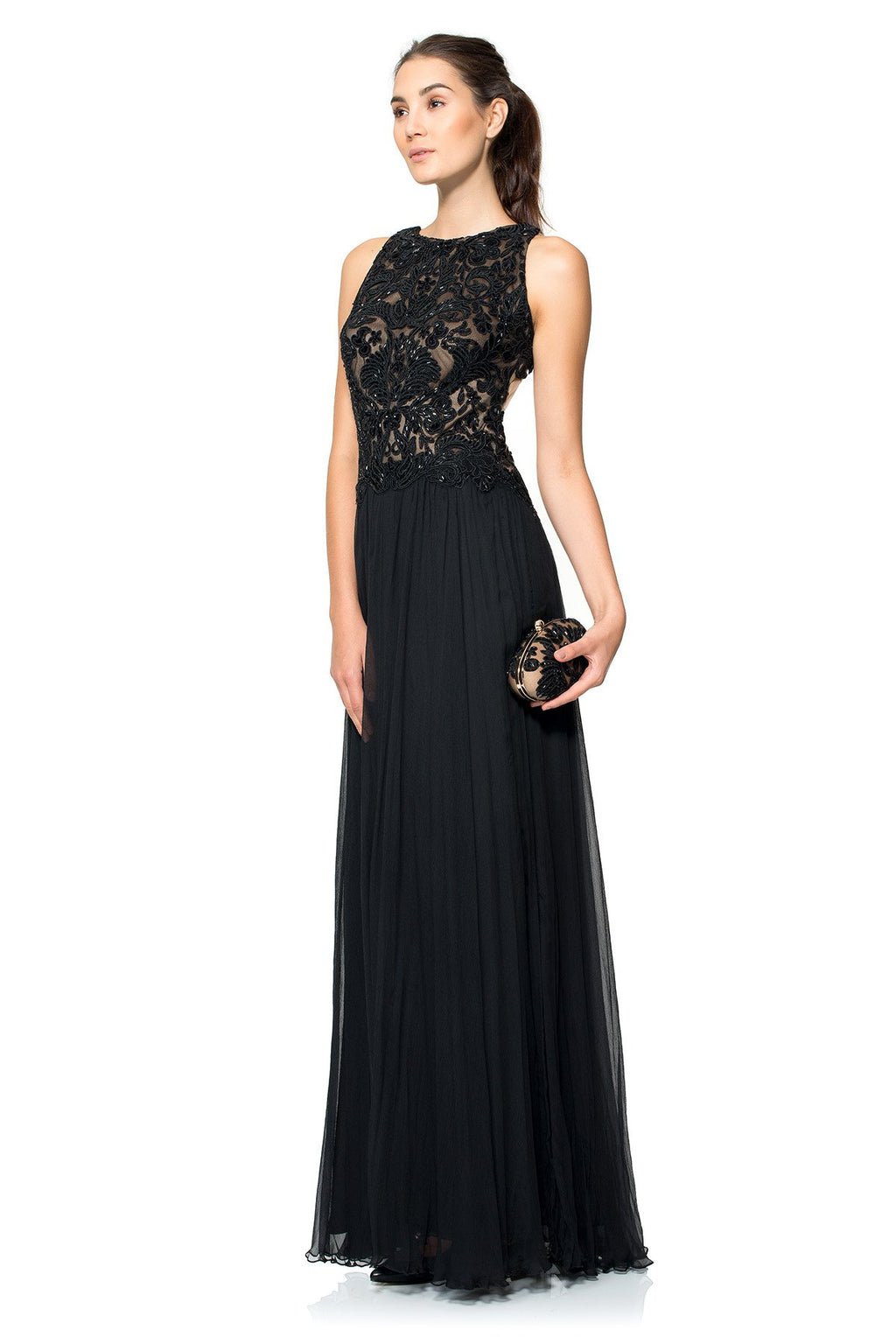 Hand-Beaded Corded Embroidery Open Back Halter Gown