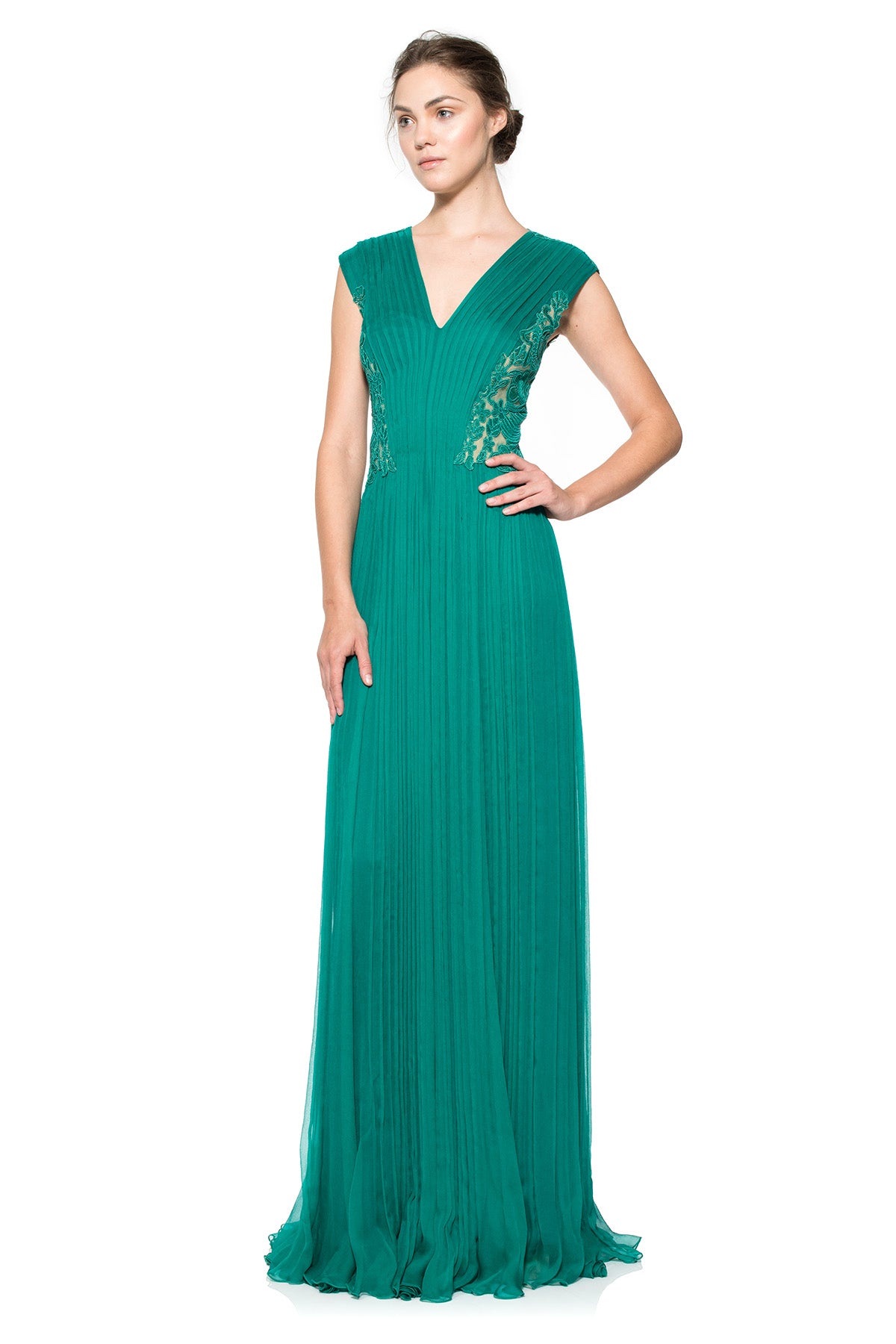 Corded Embroidery on Tulle Pleated Chiffon Gown