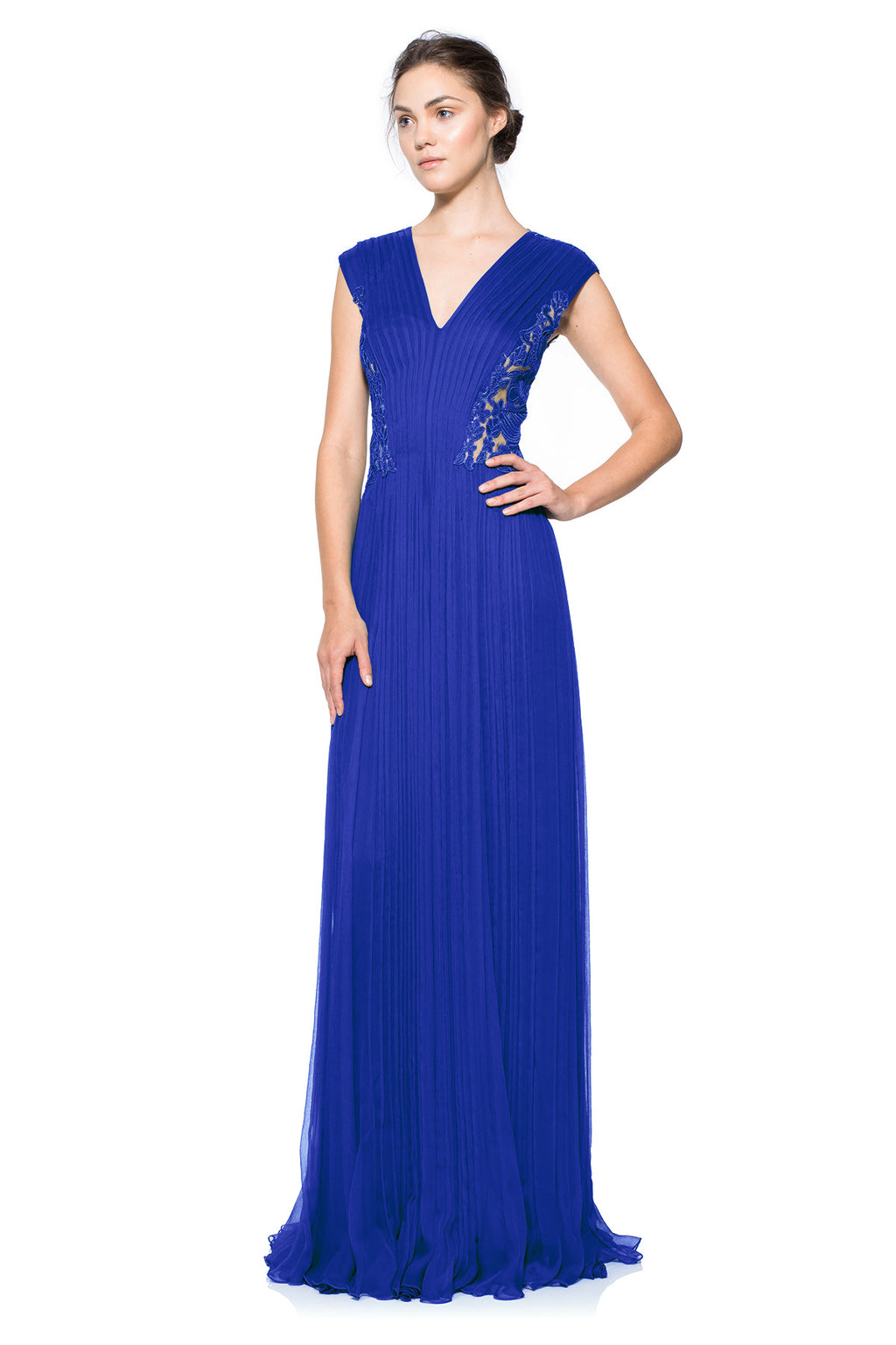 Corded Embroidery on Tulle Pleated Chiffon Gown
