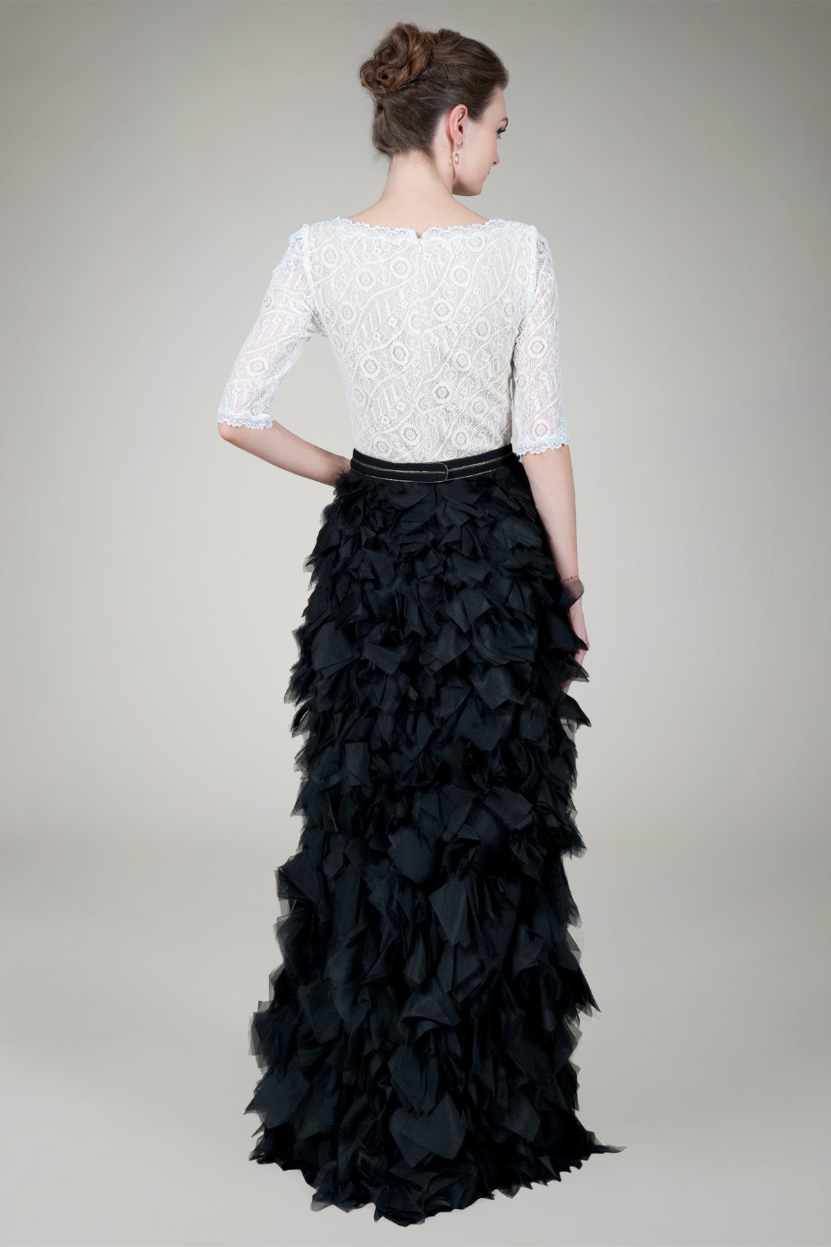 Lace Bateau Gown in Ivory / Black