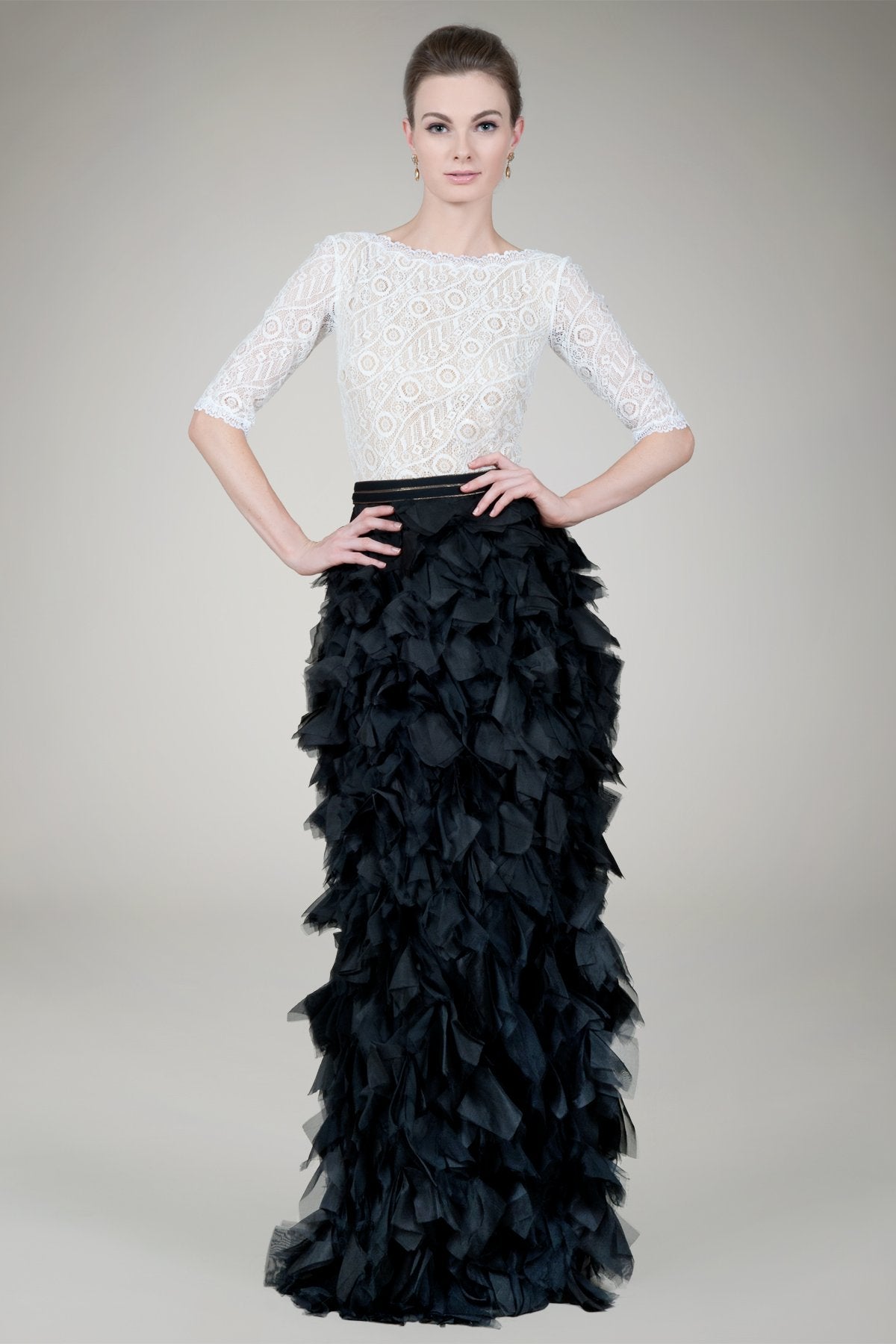 Lace Bateau Gown in Ivory / Black