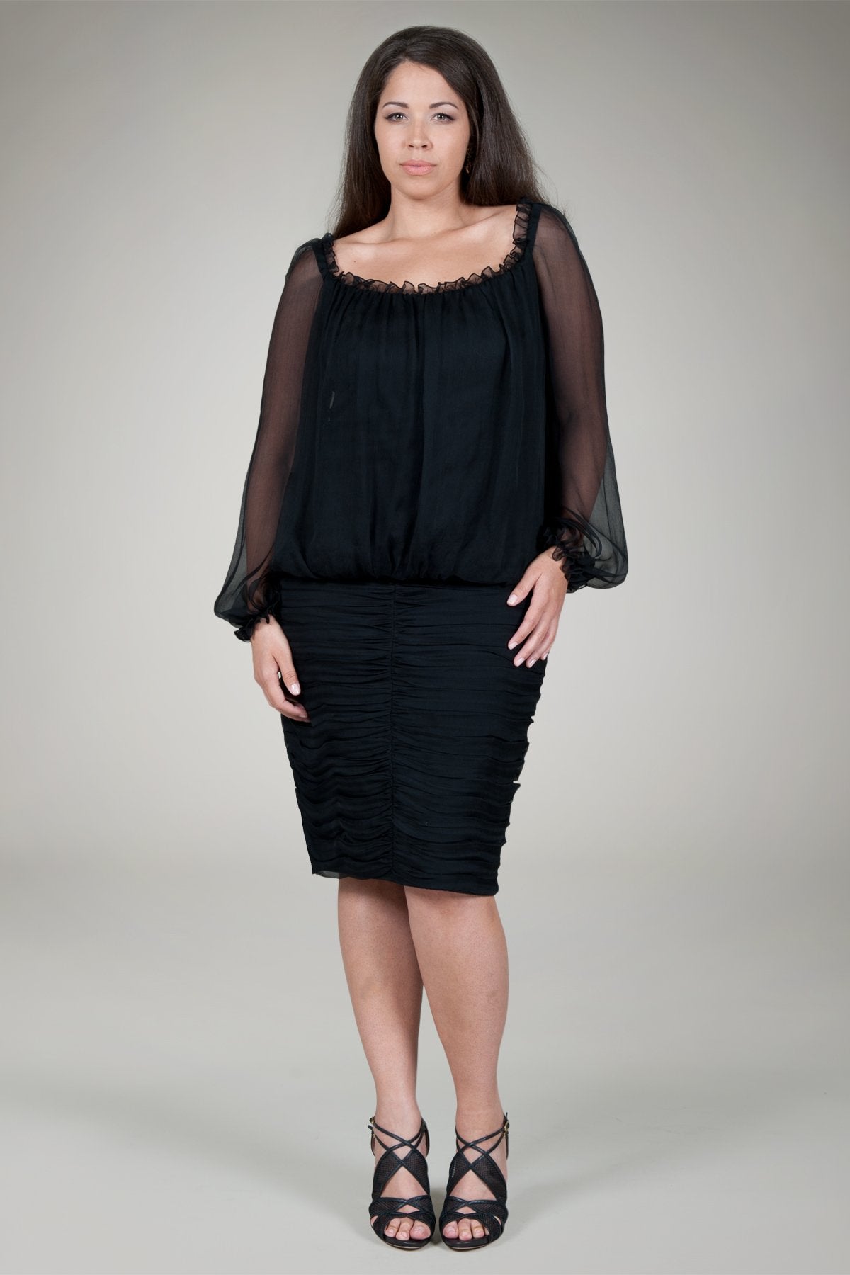 Crinkle Chiffon Cocktail Dress in Black